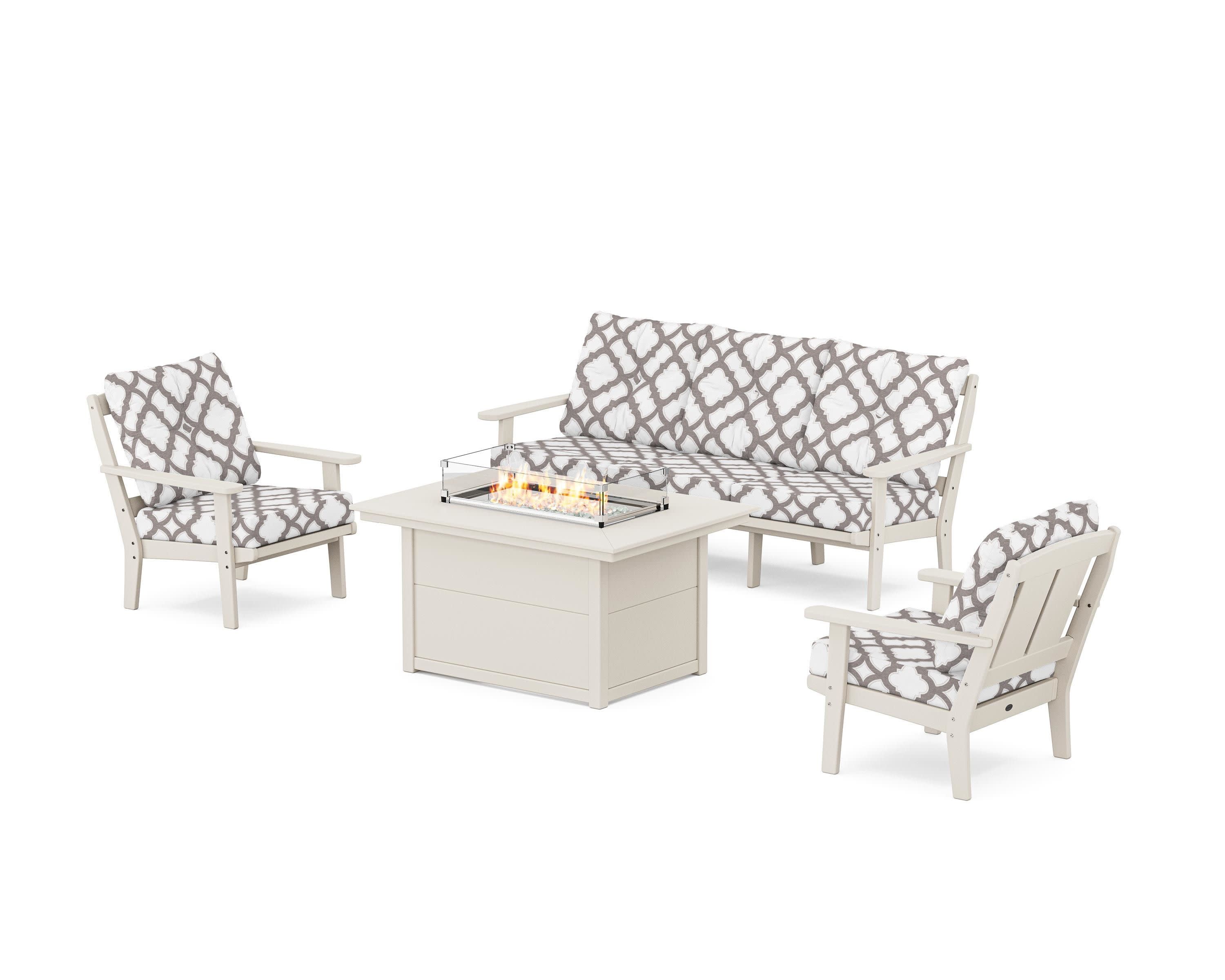 Mission Deep Seating Fire Pit Table Set in Sand / Trellis Grey Mist