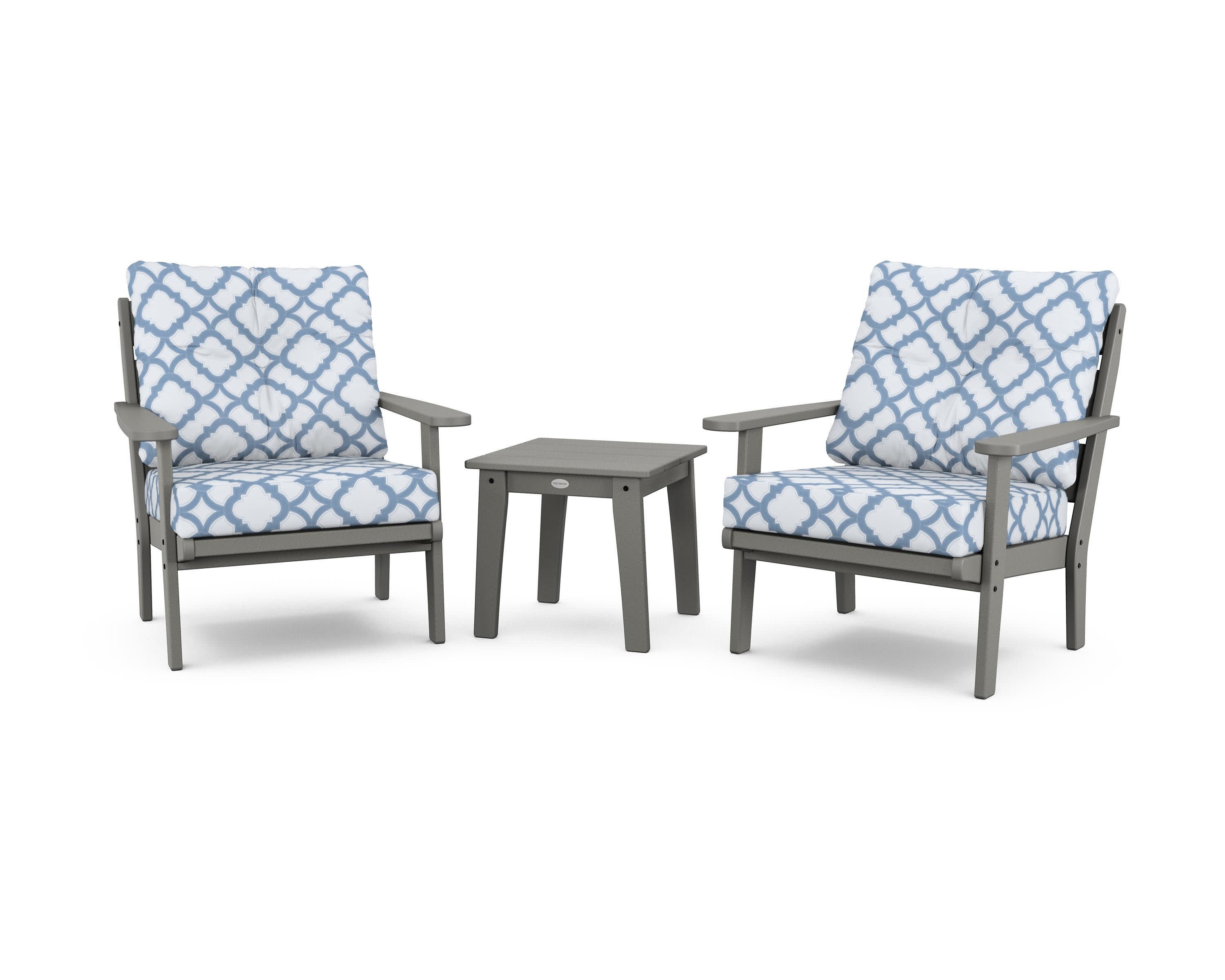 Lakeside 3-Piece Deep Seating Chair Set in Slate Grey / Trellis Sky Blue