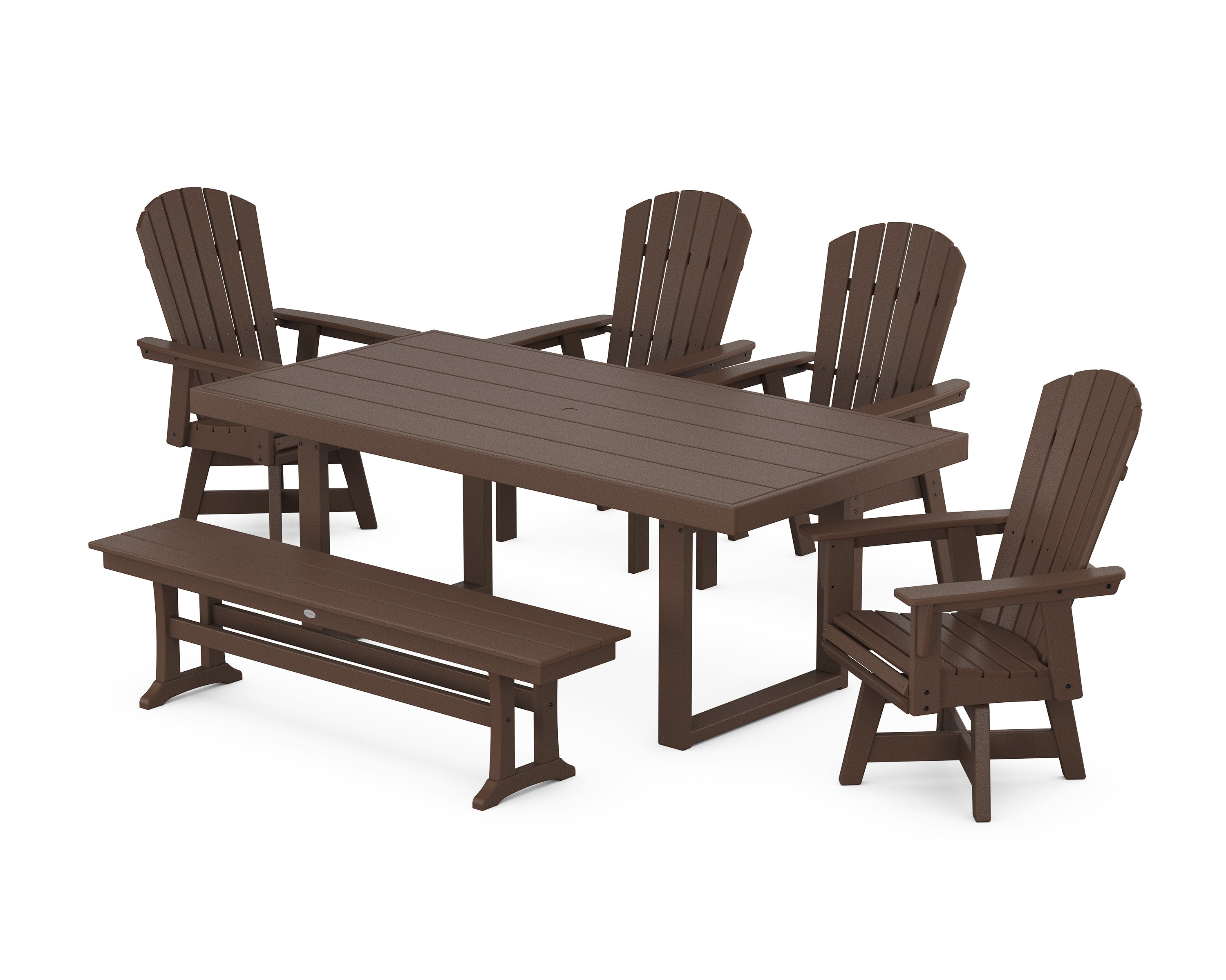 Nautical Curveback Adirondack Swivel Chair 6-Piece Dining Set with Bench in Mahogany