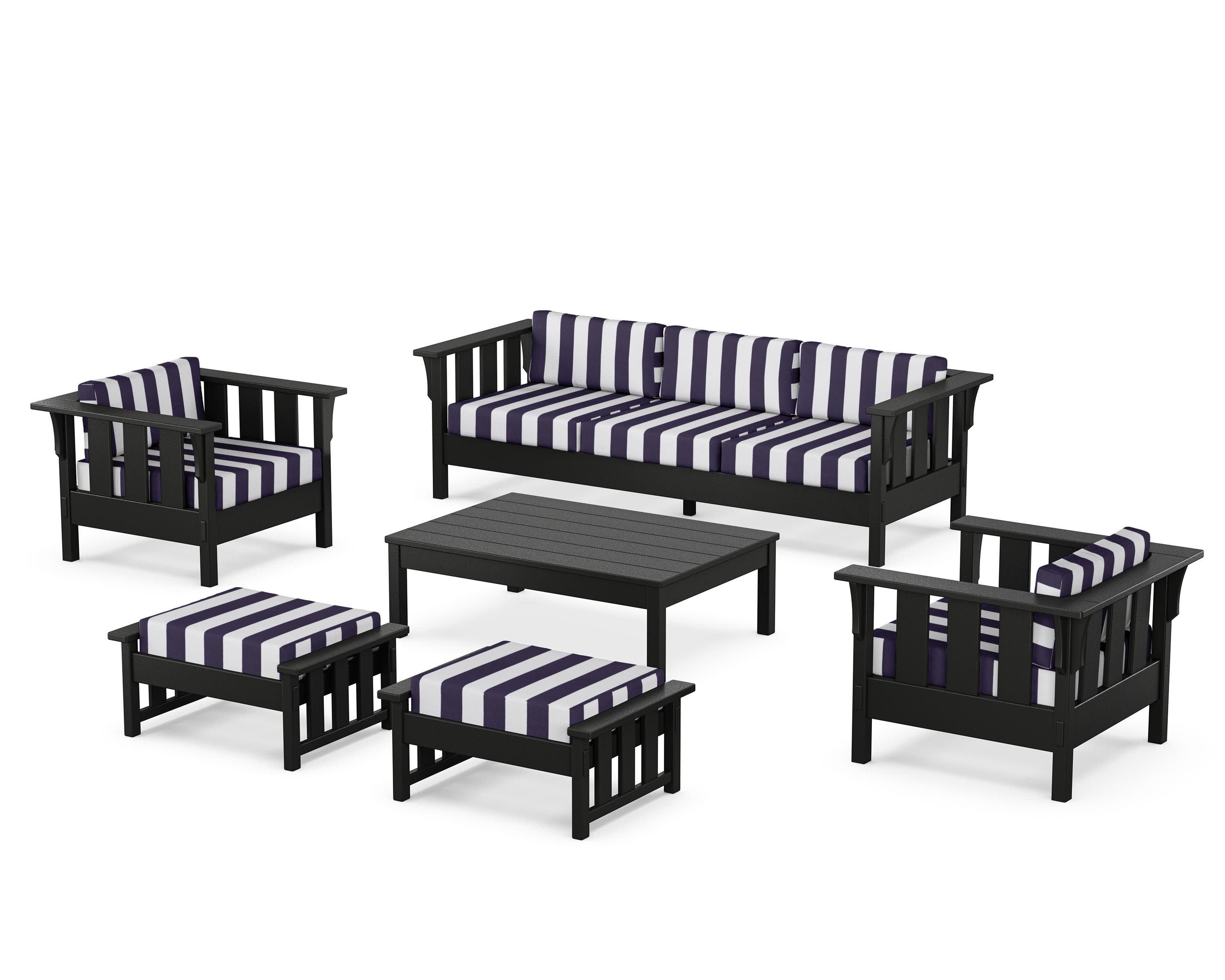 Acadia 6-Piece Lounge Sofa Set in Black / Cabana Stripe Navy