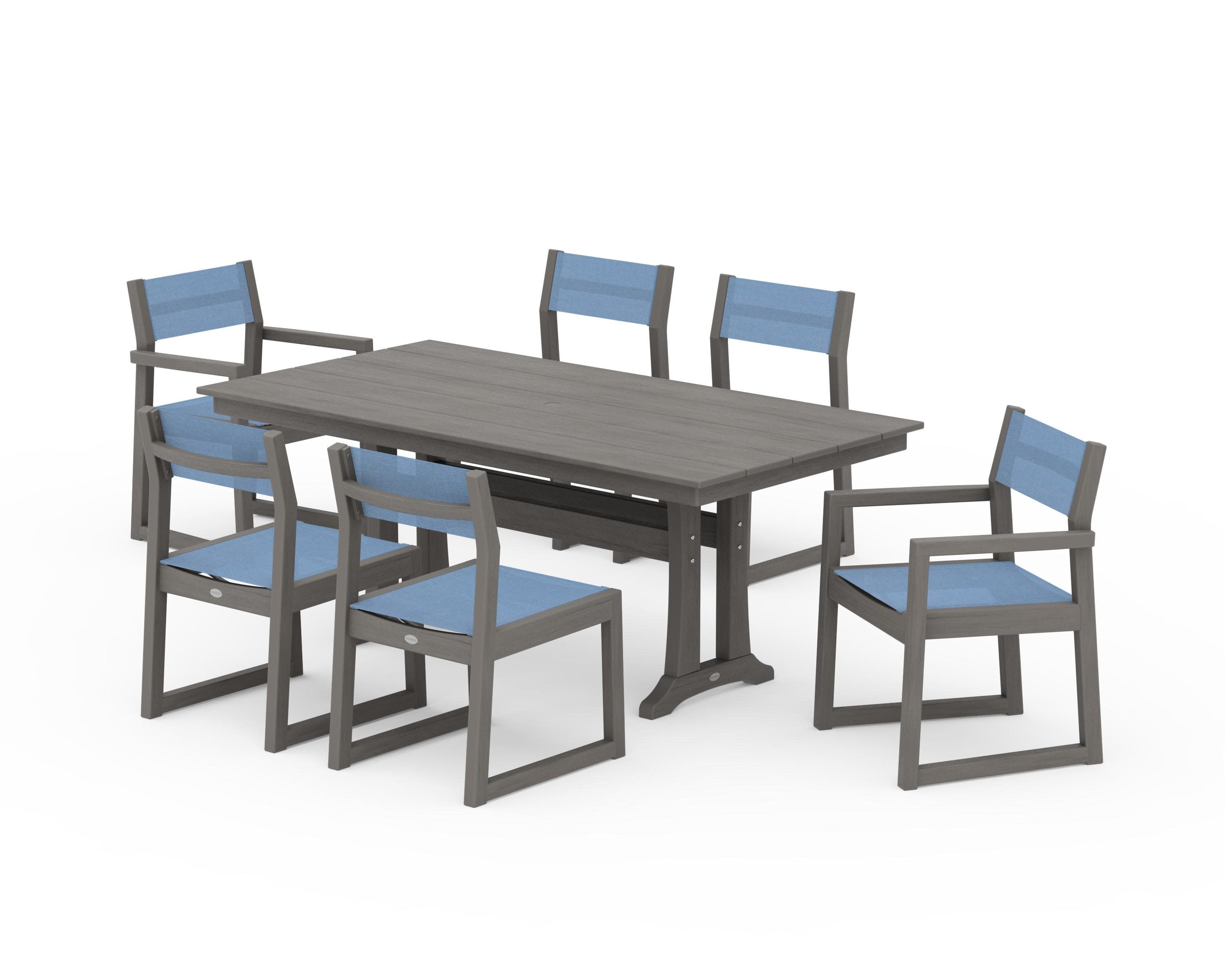 EDGE Sling 7-Piece Farmhouse Trestle Dining Set in Driftwood / Poolside Sling