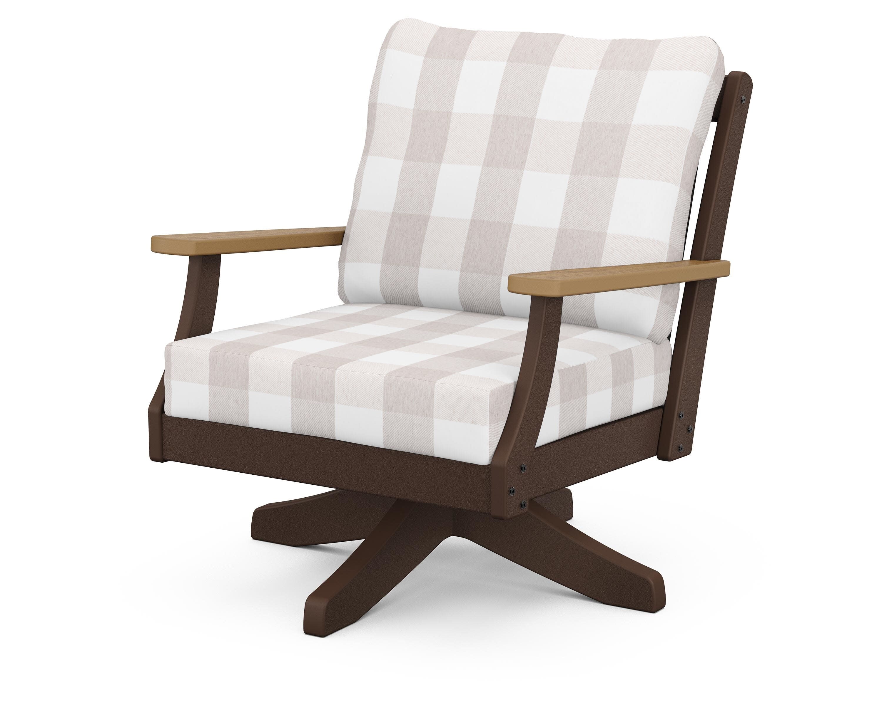 Braxton Deep Seating Swivel Chair in Mahogany / Natural / Buffalo Plaid Dune Burlap