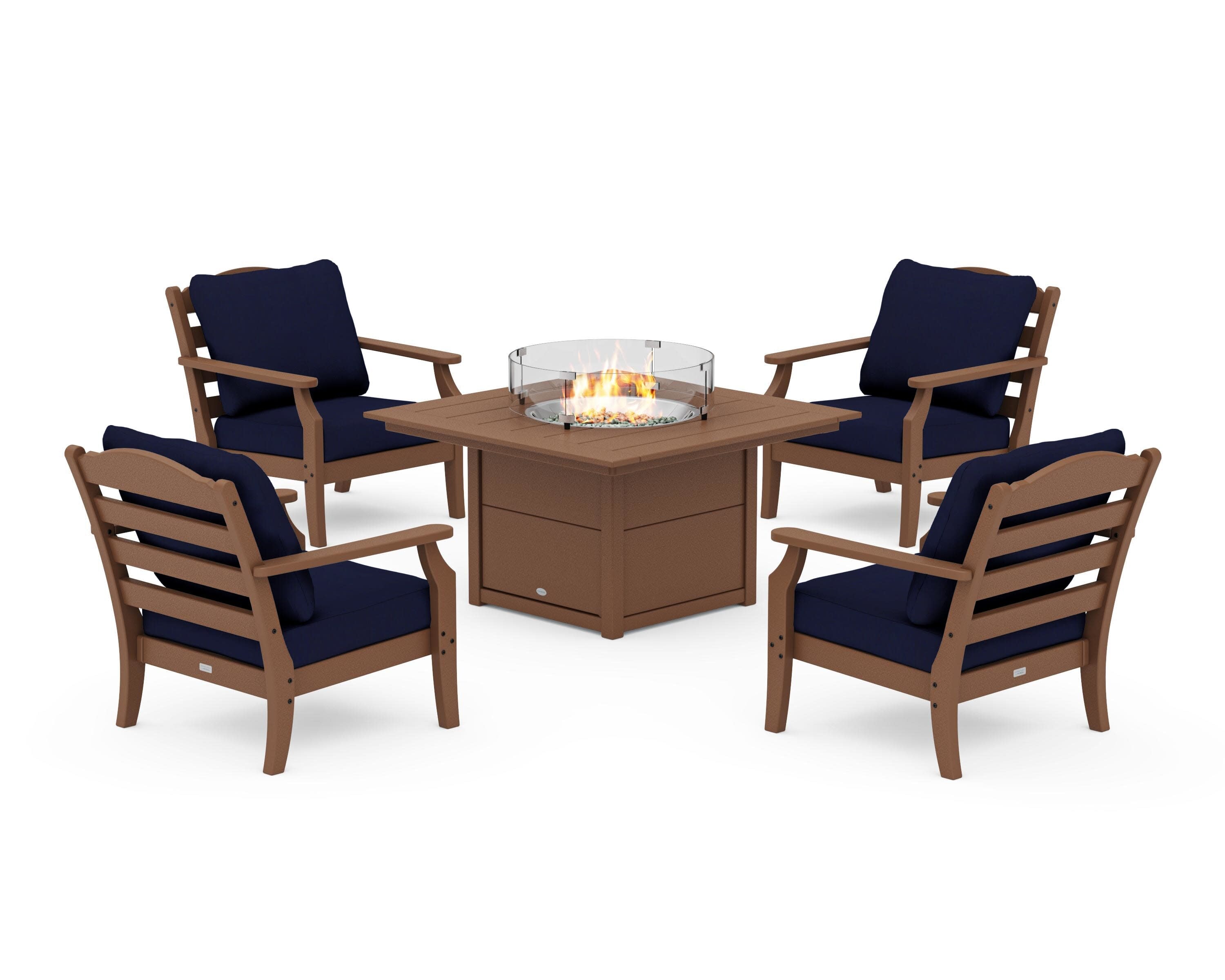 Savannah 5-Piece Deep Seating Set with Fire Pit Table in Teak / Navy