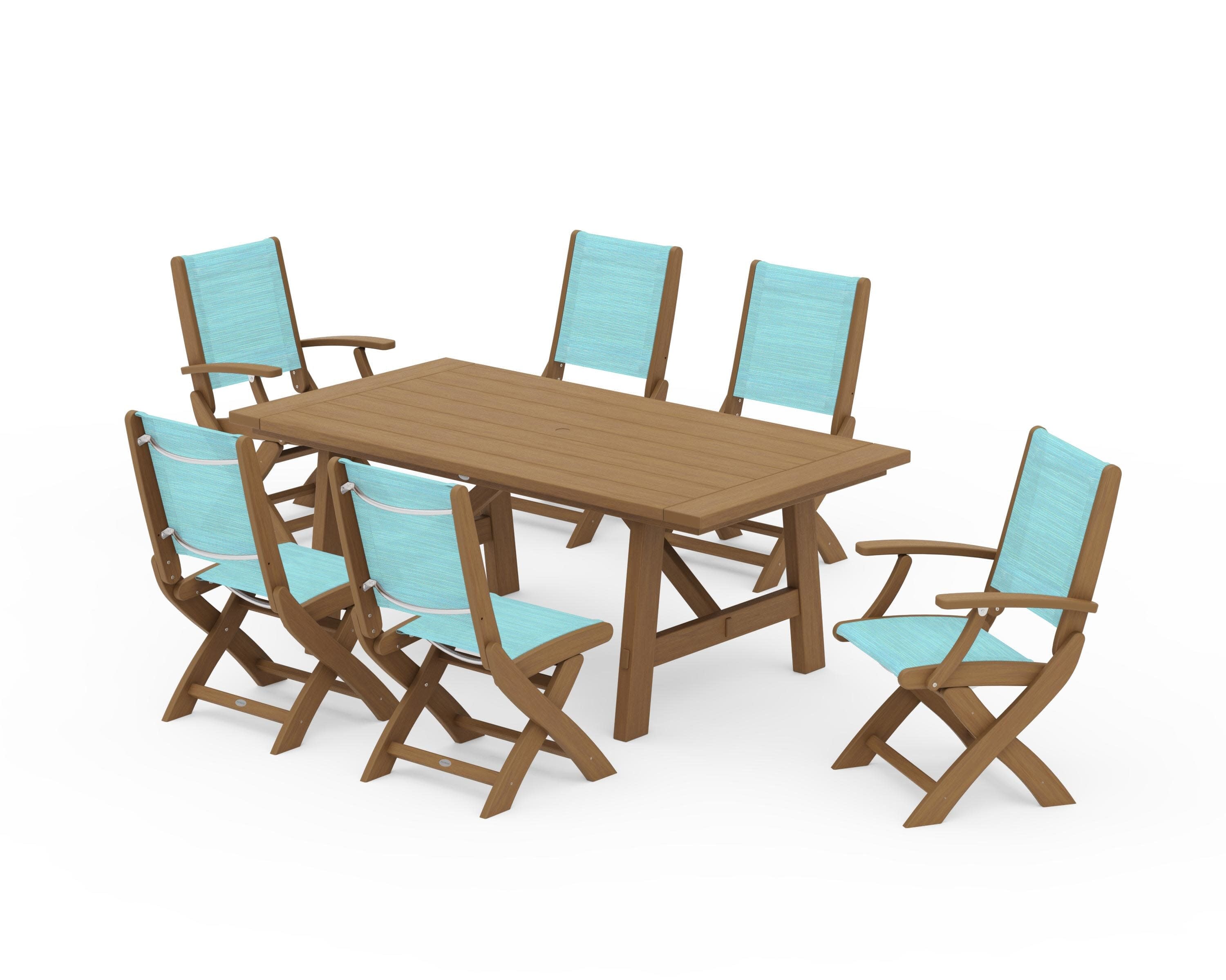 Coastal Folding Chair 7-Piece Rustic Farmhouse Dining Set in Natural / Dupioni Aquamarine Sling