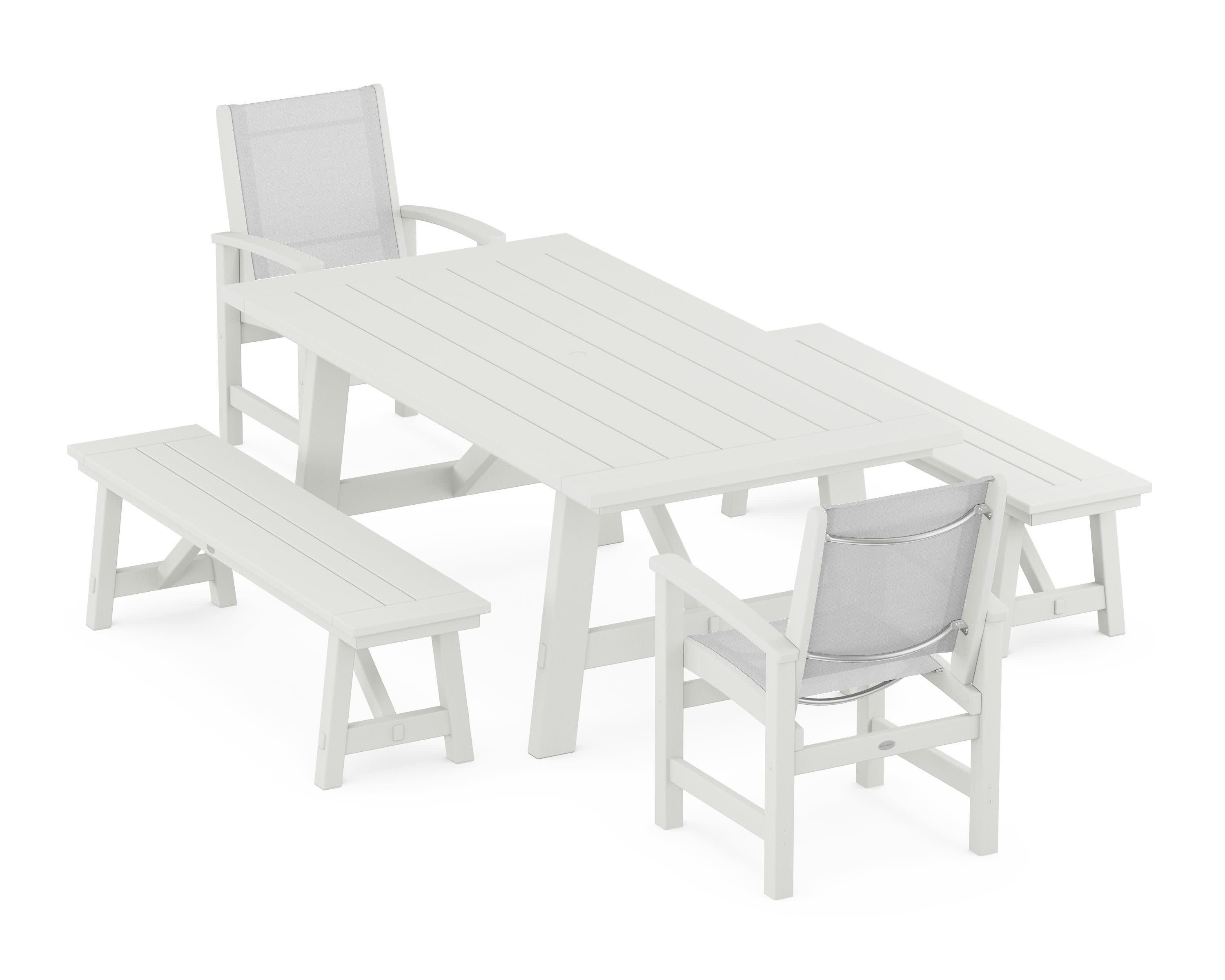 Coastal 5-Piece Rustic Farmhouse Dining Set With Benches in Vintage White / White Sling