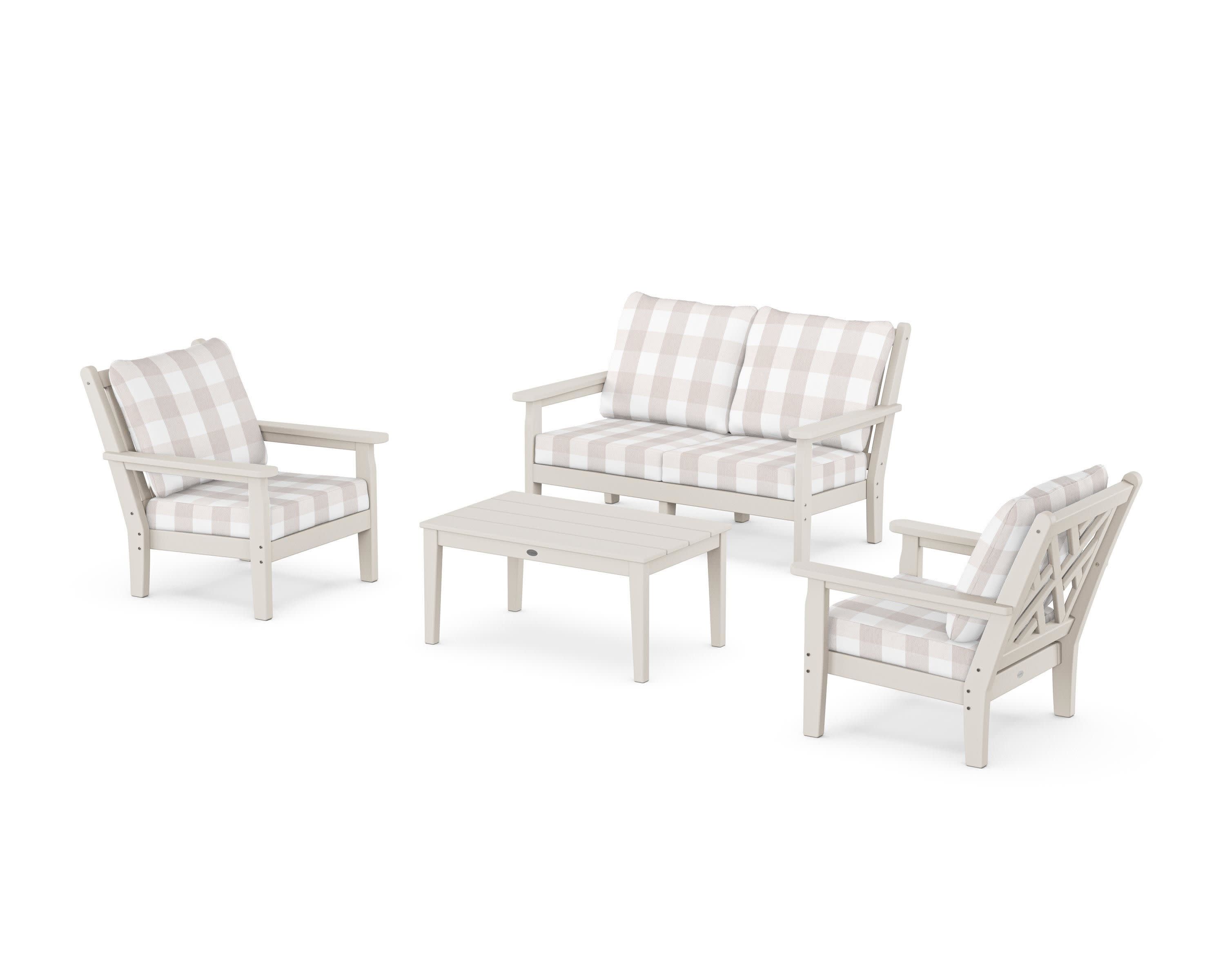 Chippendale 4-Piece Deep Seating Set with Loveseat in Sand / Buffalo Plaid Dune Burlap