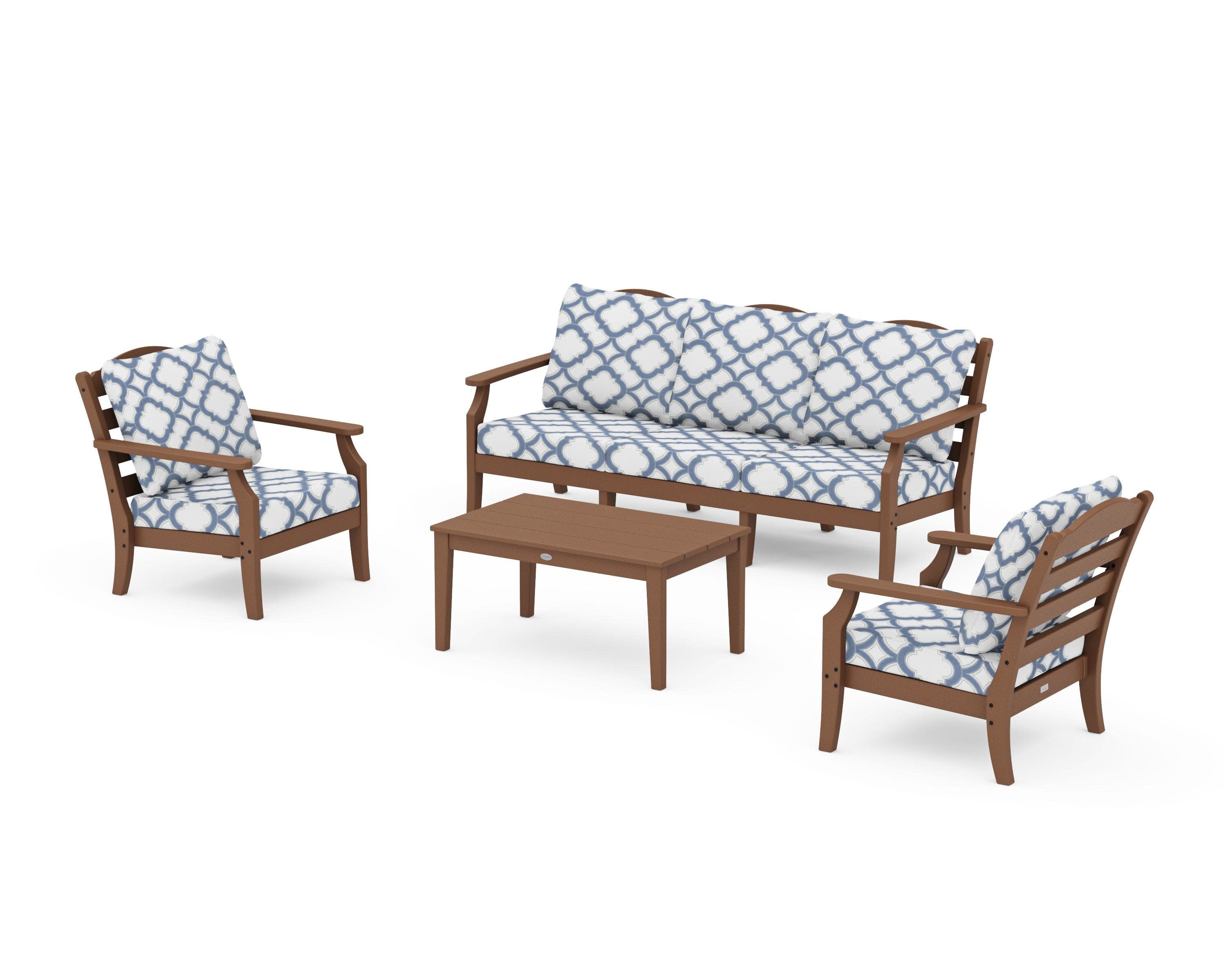 Savannah 4-Piece Deep Seating Set with Sofa in Teak / Trellis Sky Blue