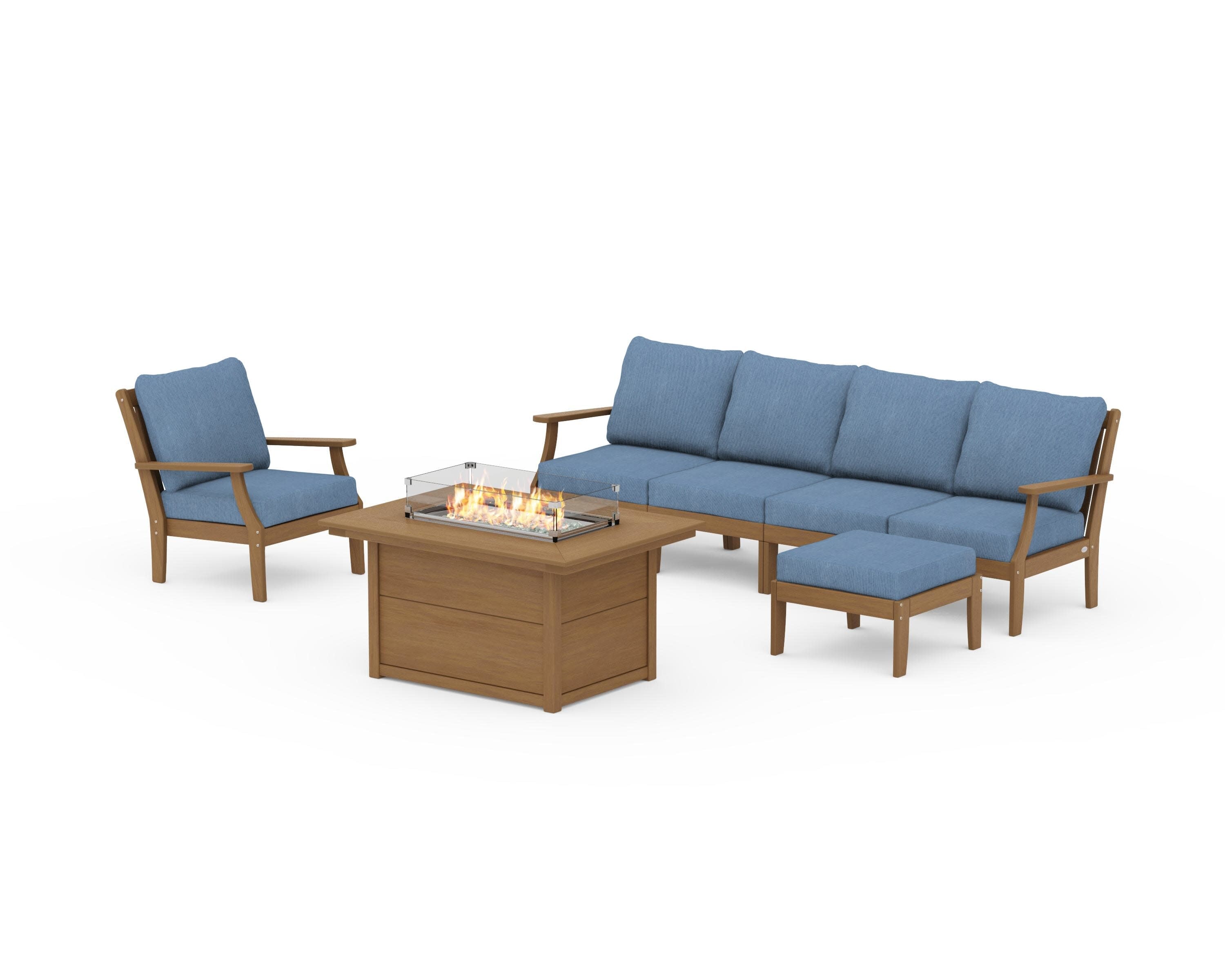 Braxton Sectional Lounge and Fire Pit Set in Natural / Sky Blue