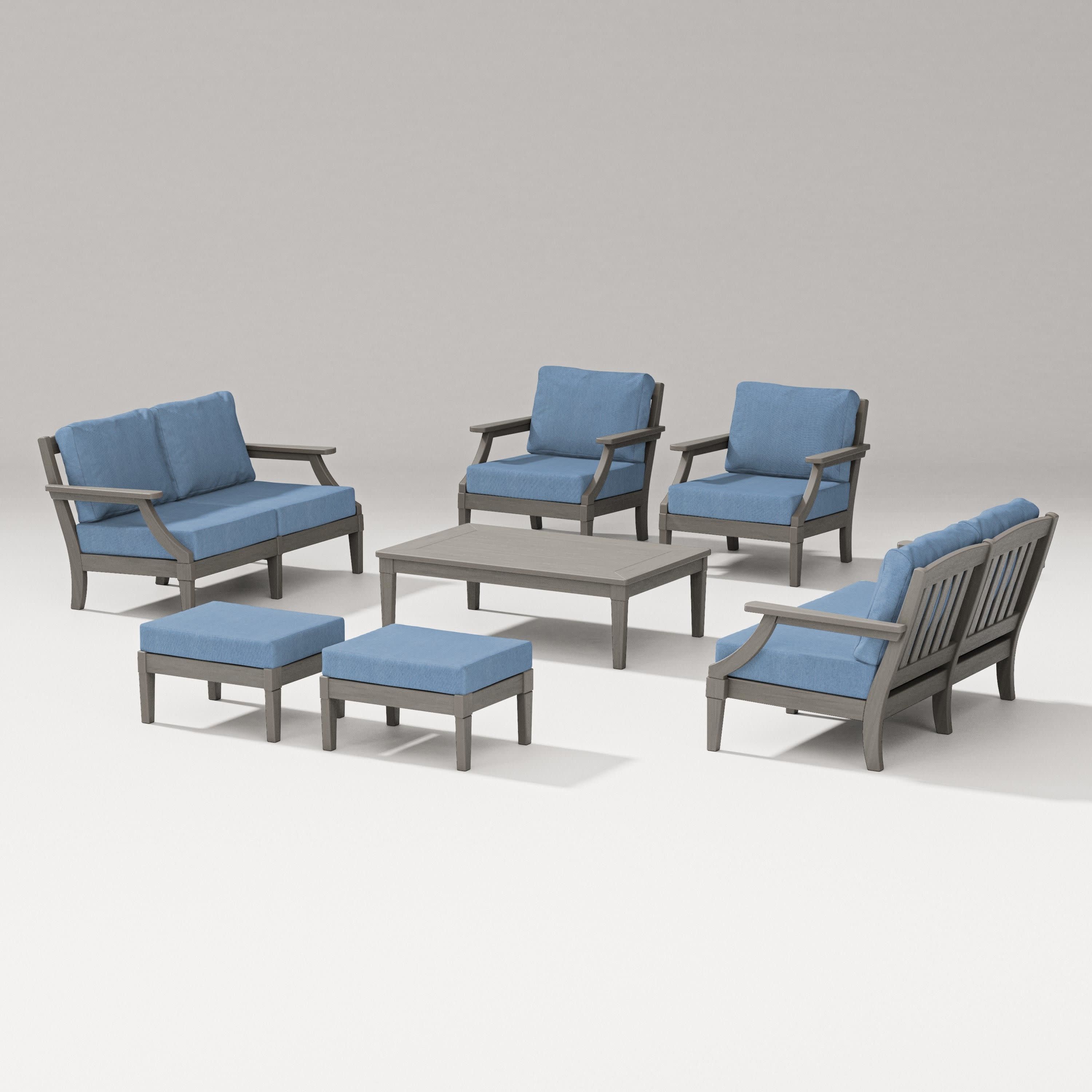 Estate 7-Piece Lounge Loveseat Set in Driftwood / Sky Blue