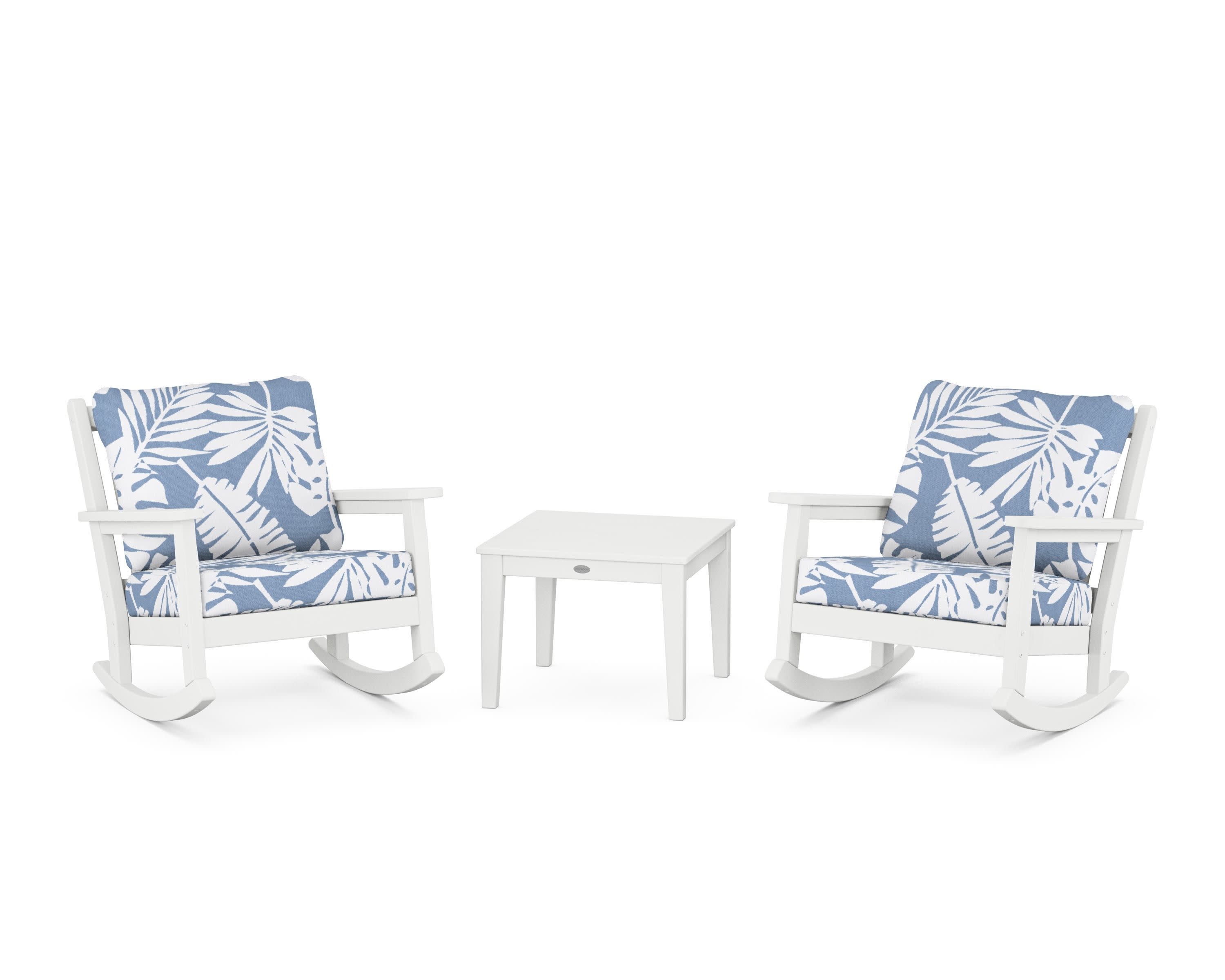 Chippendale 3-Piece Deep Seating Rocker Set in White / Leaf Sky Blue