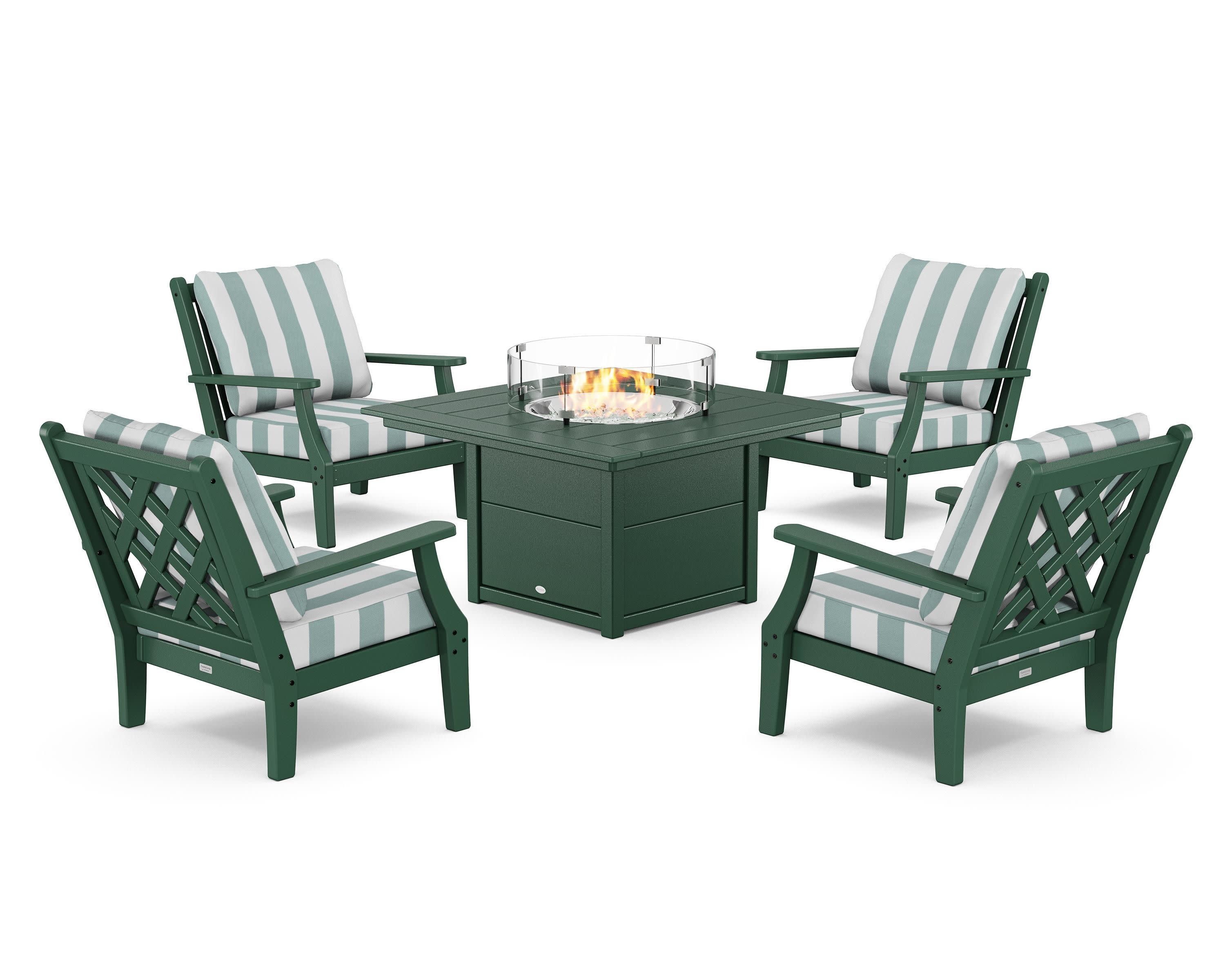 Wovendale 5-Piece Deep Seating Set with Fire Pit Table in Green / Cabana Stripe Glacier Spa