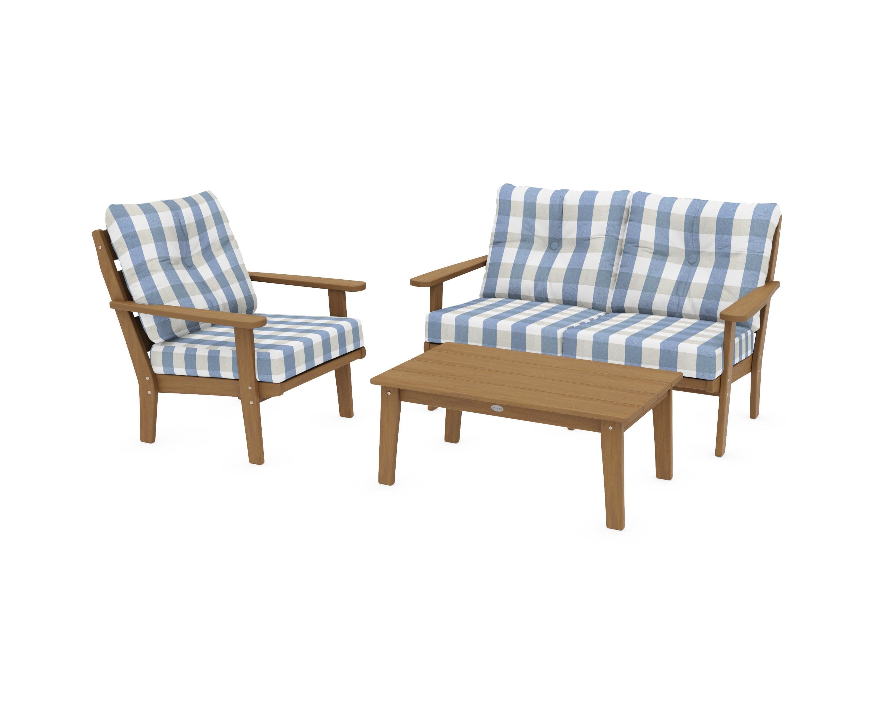 Lakeside 3-Piece Deep Seating Set in Natural / Buffalo Plaid Sky Blue