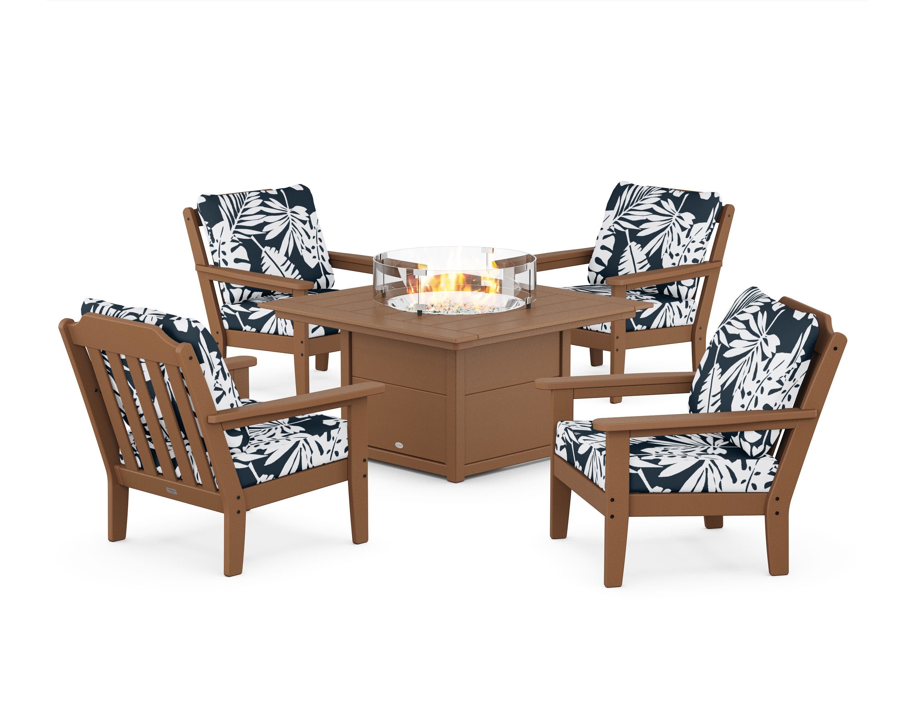 Cottage 5-Piece Deep Seating Set with Fire Pit Table in Teak / Leaf Marine Indigo