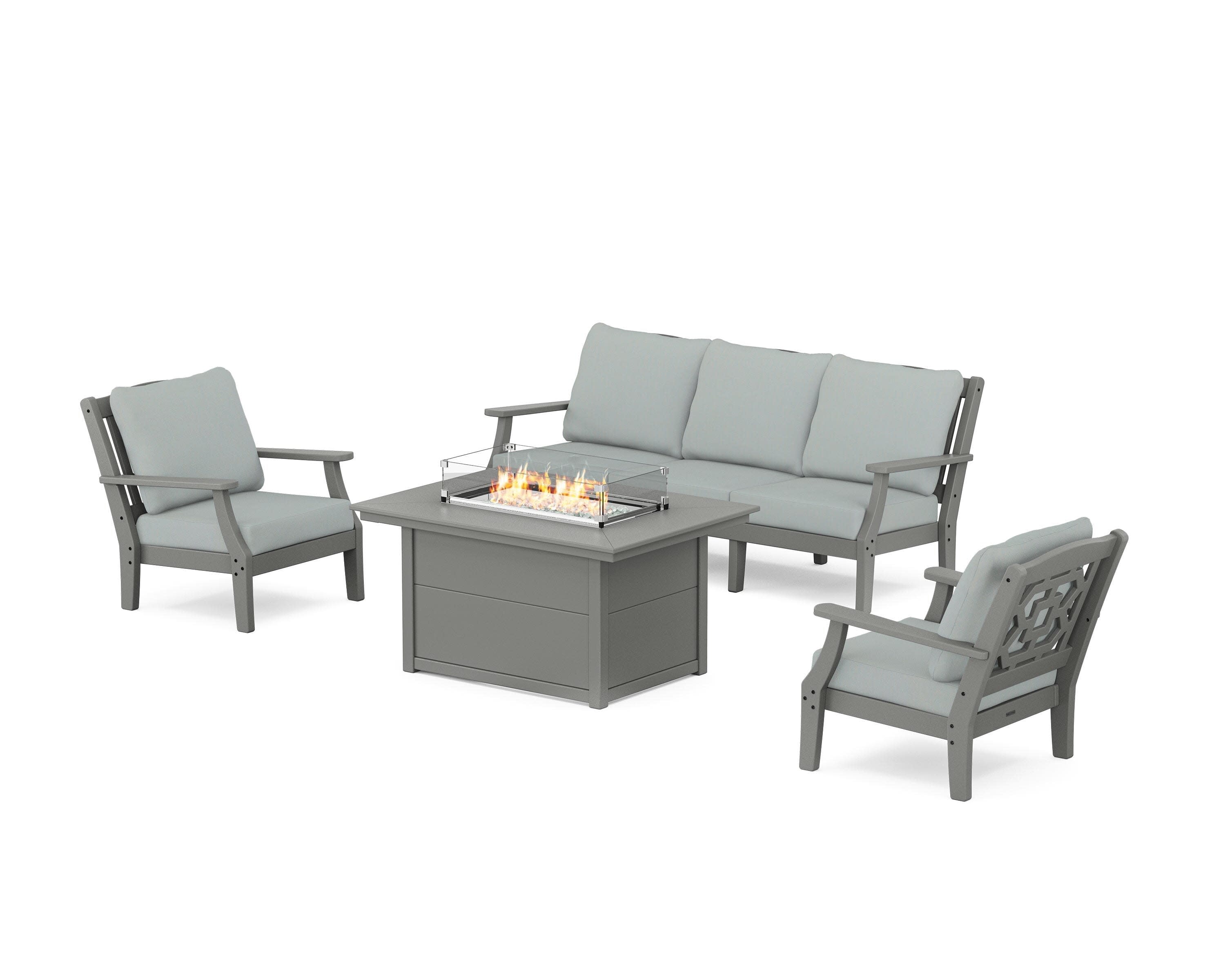 Chinoiserie Deep Seating Fire Pit Table Set in Slate Grey / Spa