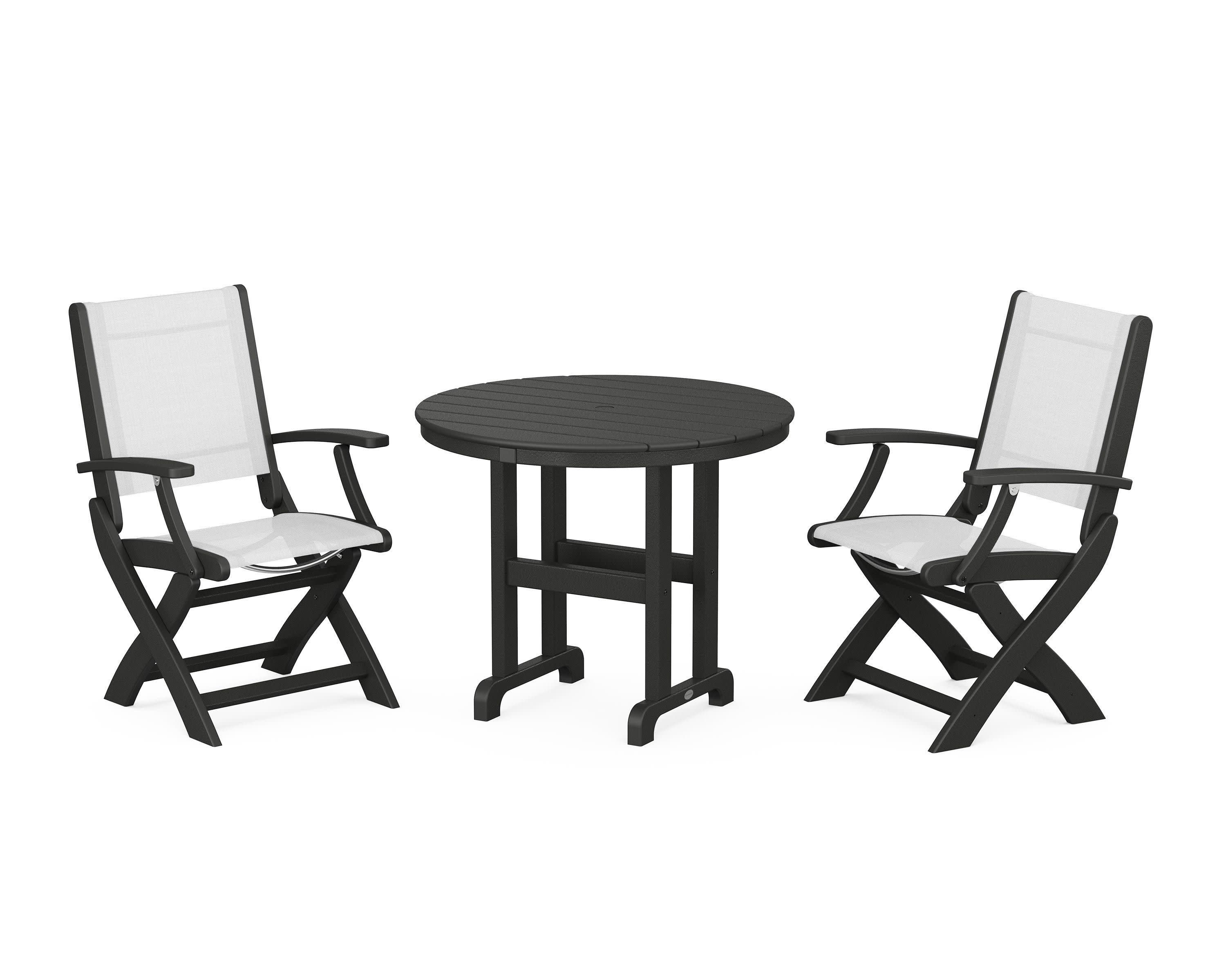 Coastal Folding Chair 3-Piece Round Dining Set in Black / White Sling