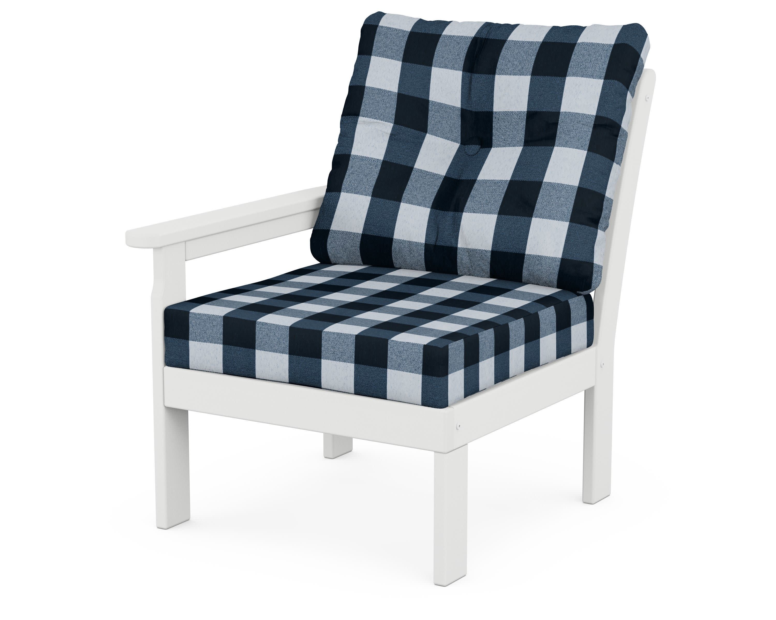Vineyard Modular Left Arm Chair in White / Buffalo Plaid Marine Indigo