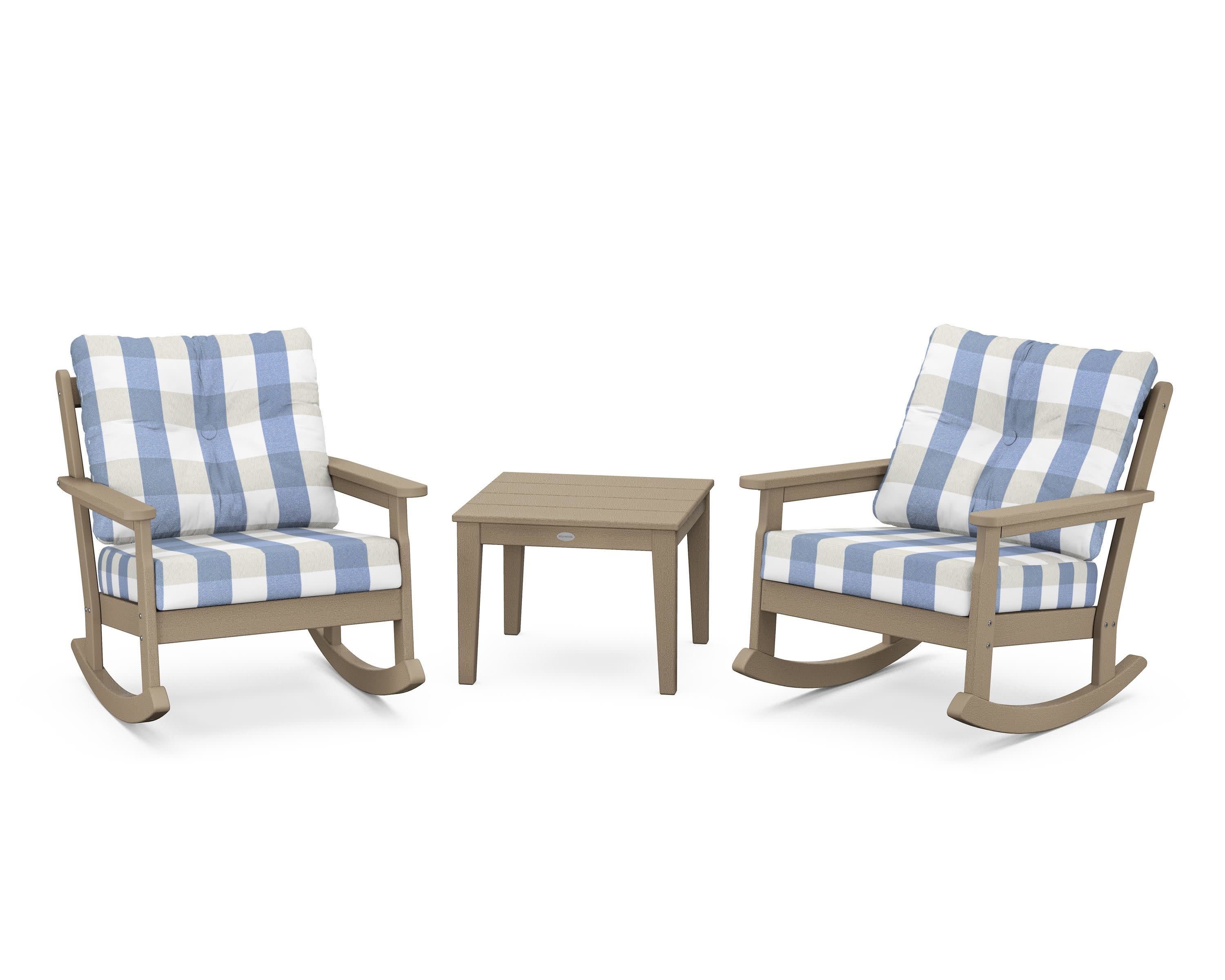 Vineyard 3-Piece Deep Seating Rocker Set in Vintage Sahara / Buffalo Plaid Sky Blue