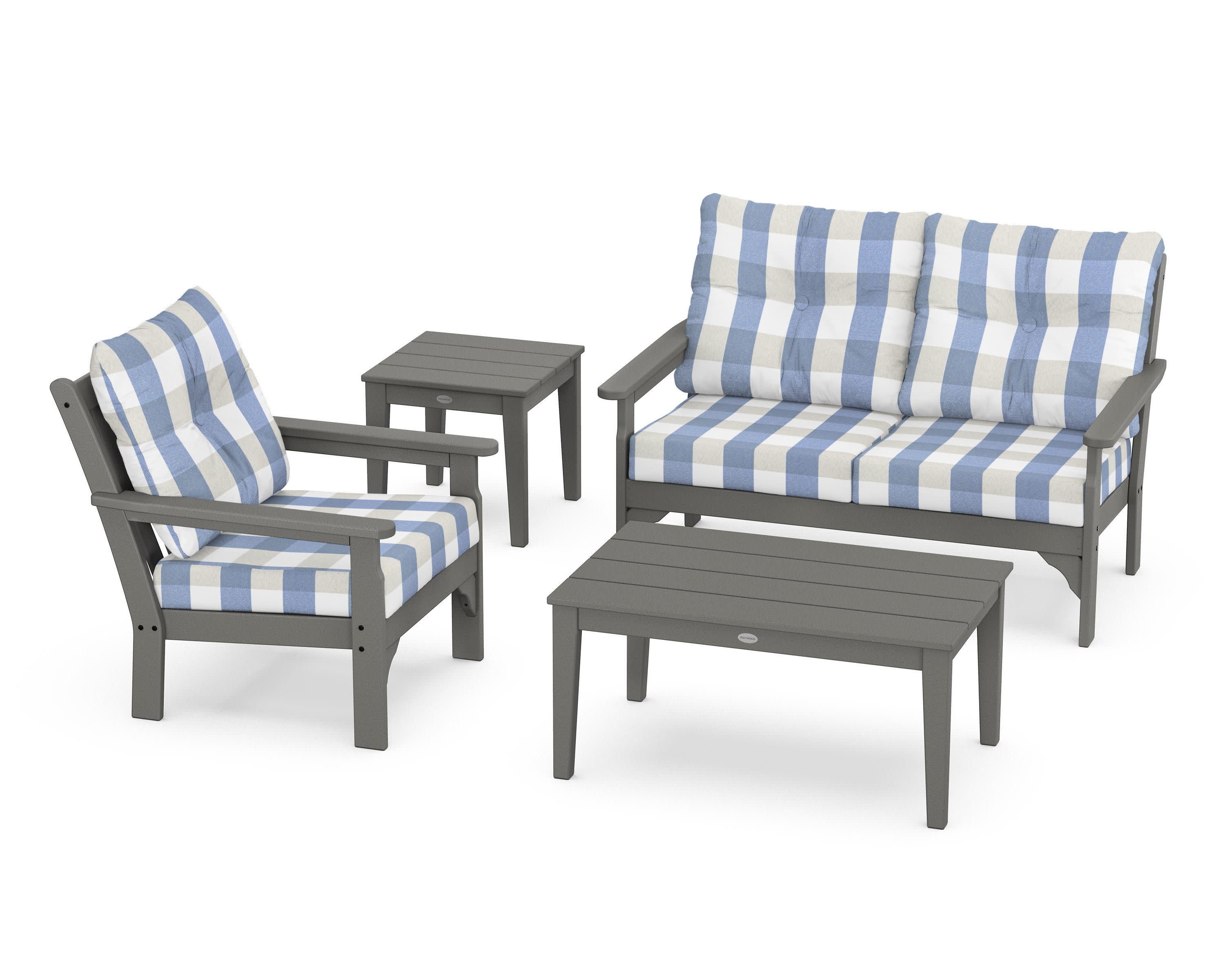 Vineyard 4-Piece Deep Seating Set in Slate Grey / Buffalo Plaid Sky Blue