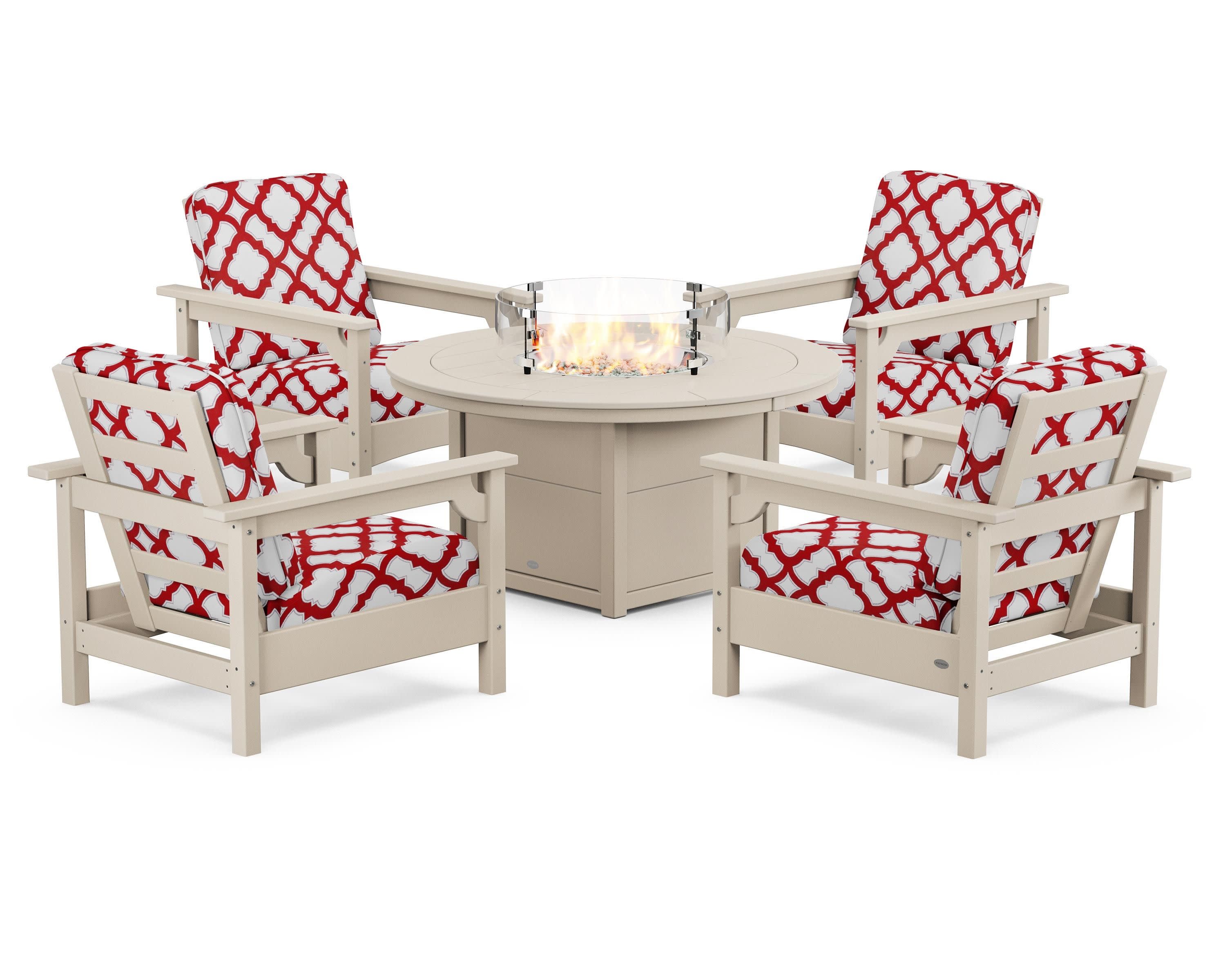 Club 5-Piece Conversation Set with Fire Pit Table in Sand / Trellis Crimson