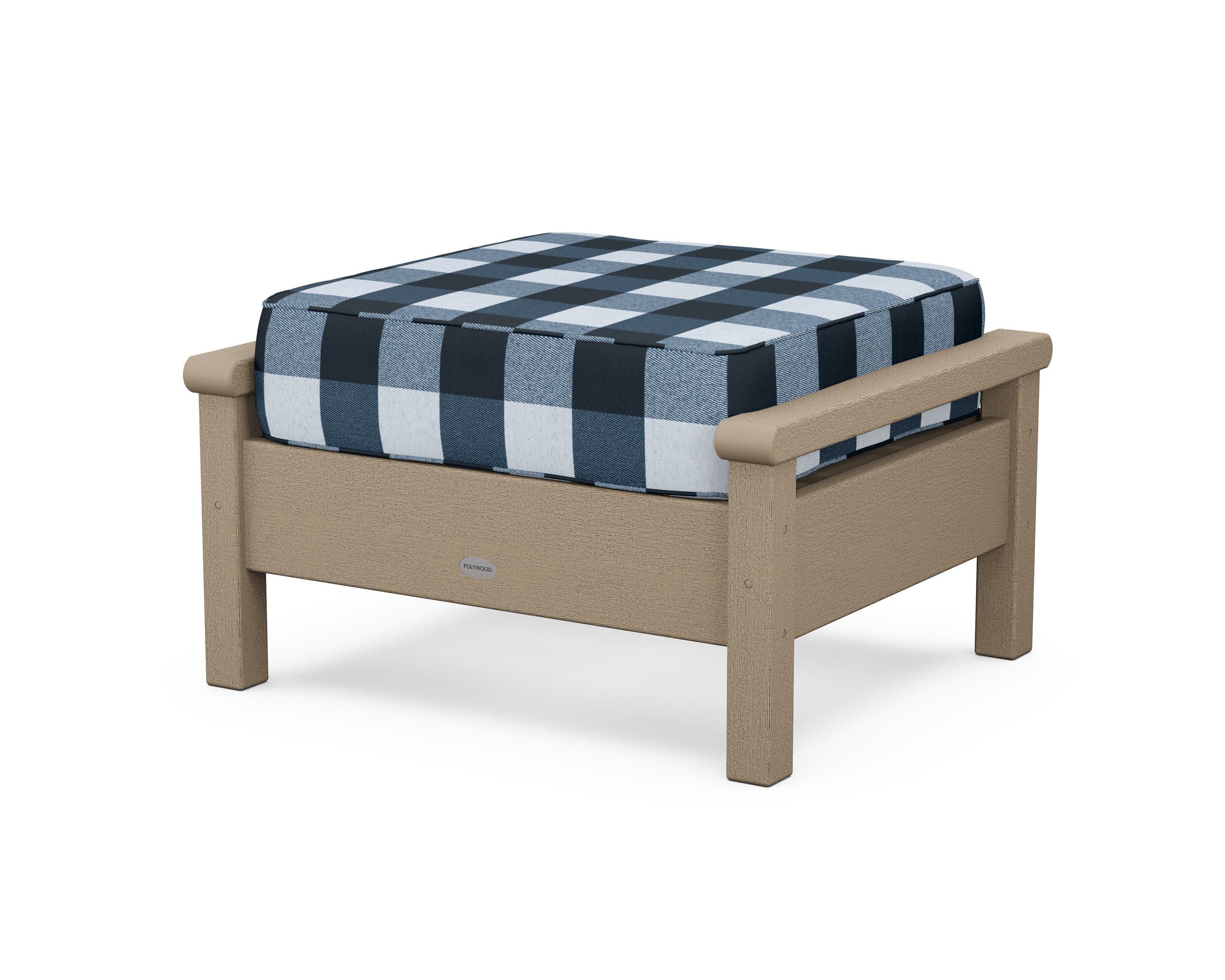 Harbour Deep Seating Ottoman in Vintage Sahara / Buffalo Plaid Marine Indigo