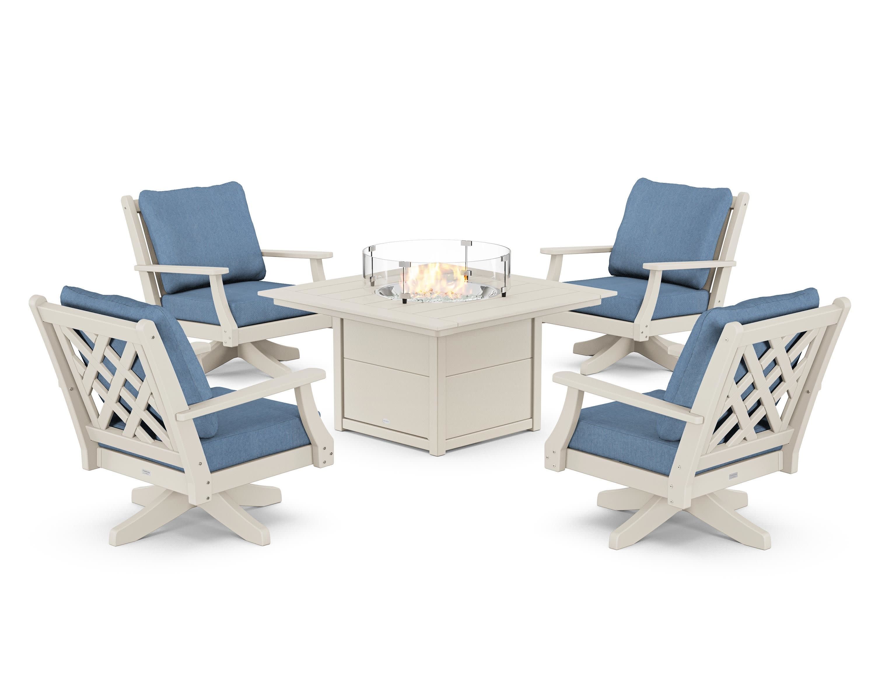 Wovendale 5-Piece Deep Seating Swivel Conversation Set with Fire Pit Table in Sand / Sky Blue