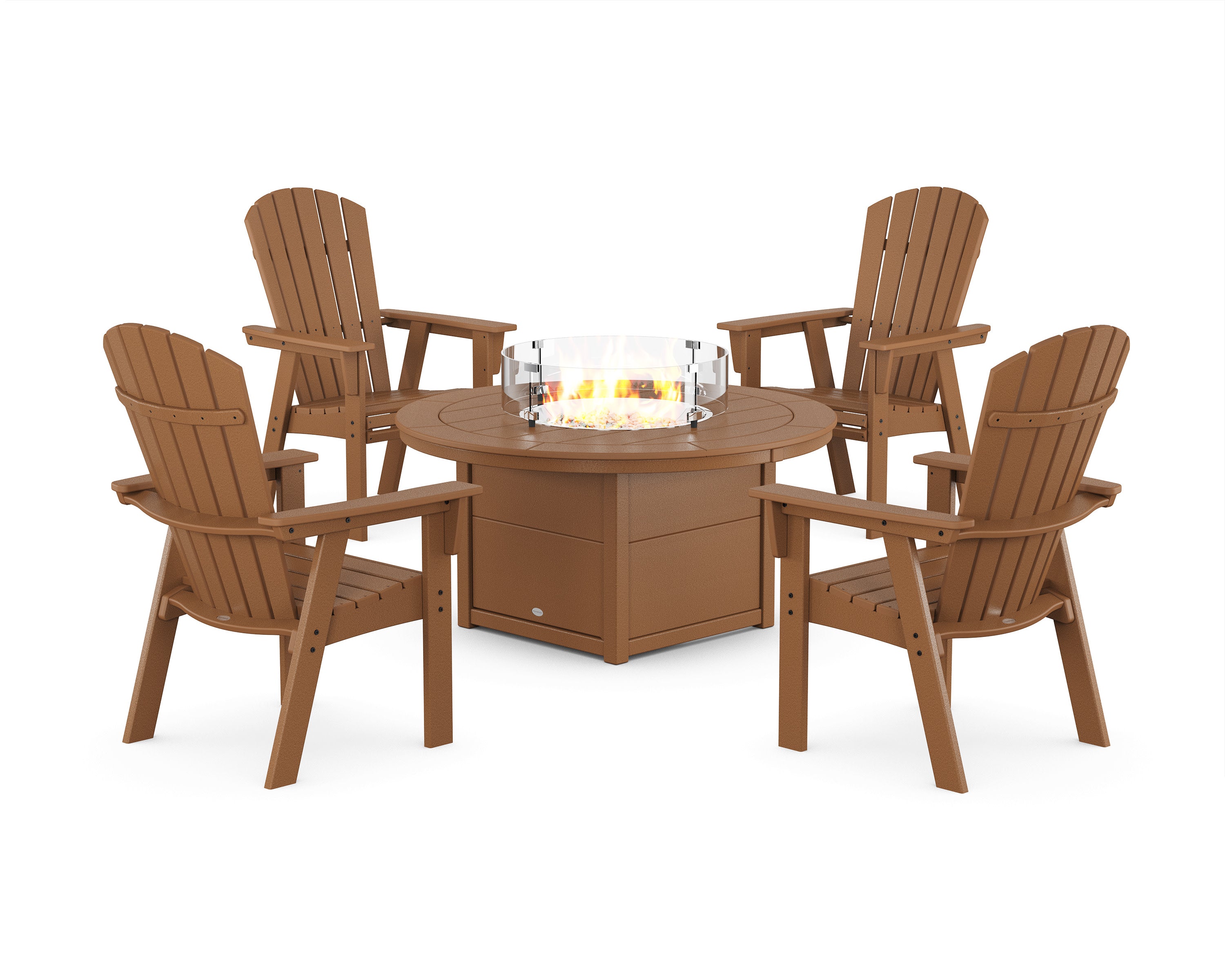 Nautical 4-Piece Curveback Upright Adirondack Conversation Set with Fire Pit Table in Teak
