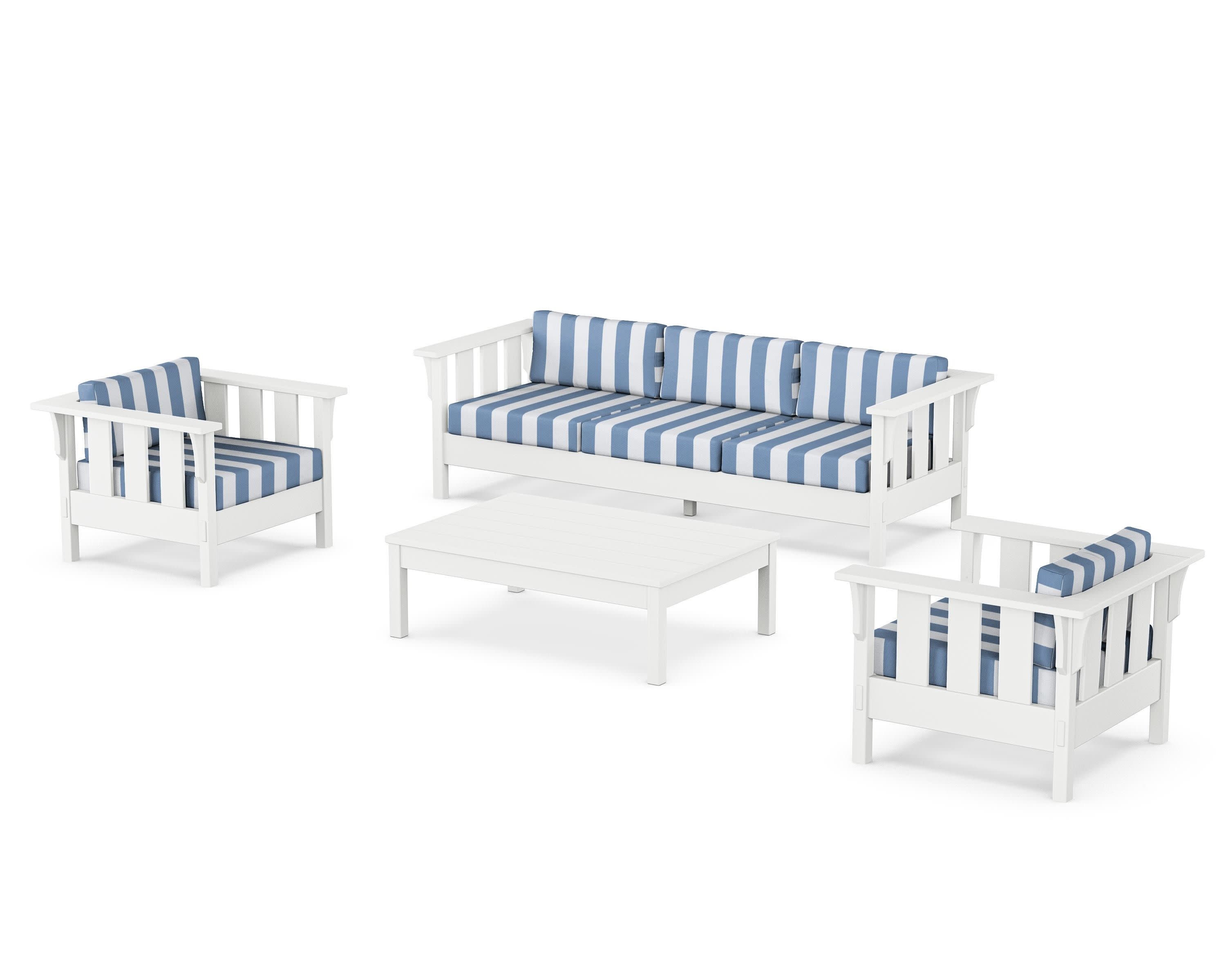 Acadia 4-Piece Deep Seating Set with Sofa in White / Cabana Stripe Sky Blue