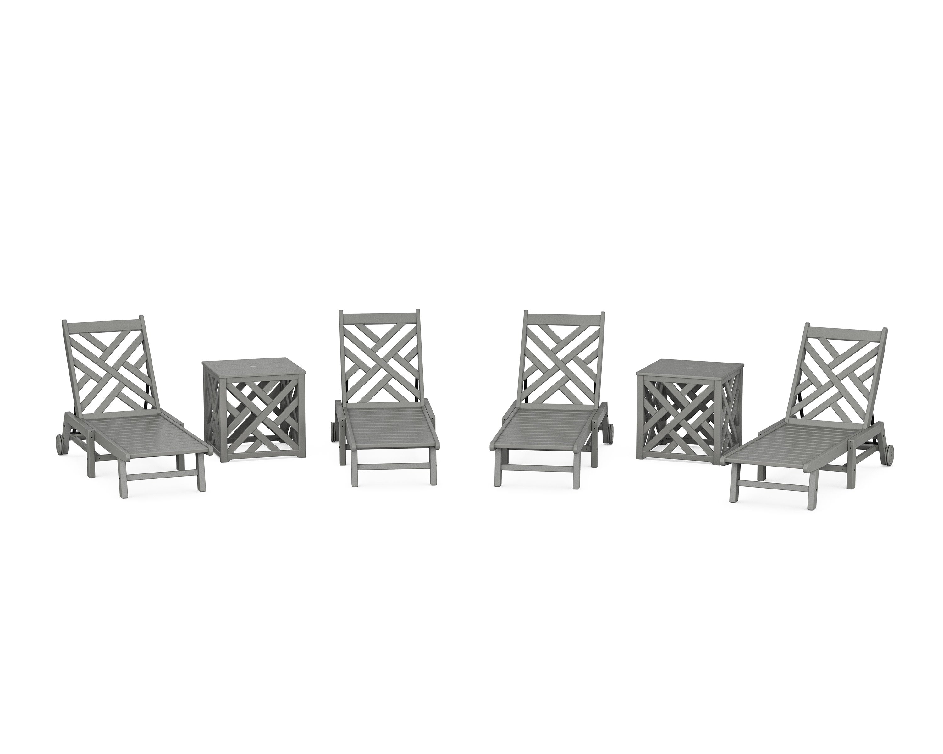 Chippendale 6-Piece Chaise Set with Wheels and Umbrella Stand Accent Table in Slate Grey