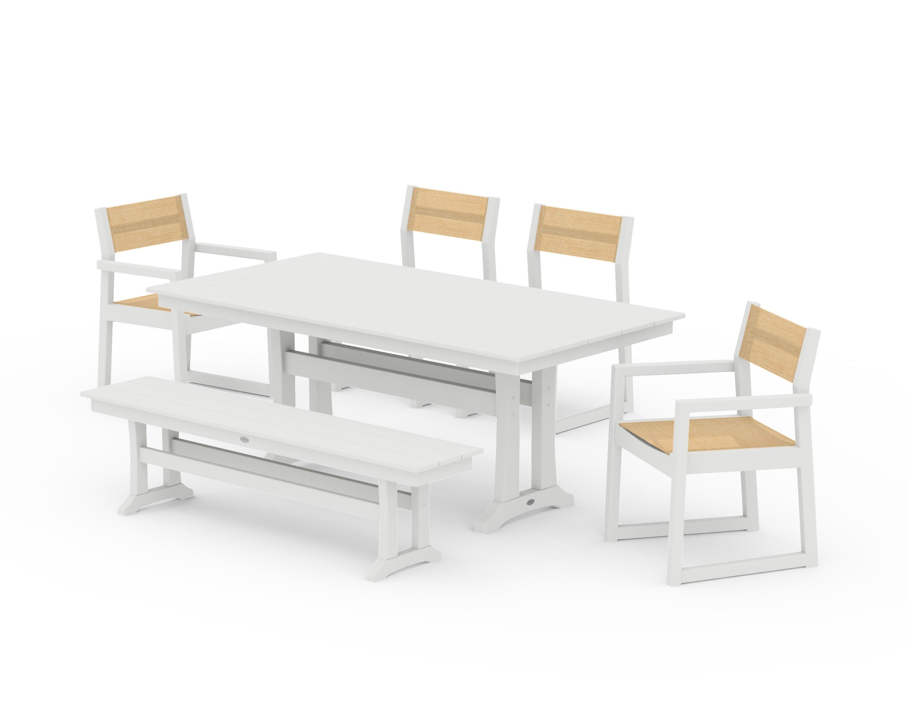 EDGE Sling 6-Piece Farmhouse Dining Set With Trestle Legs in Vintage White / Dupioni Apricot Sling