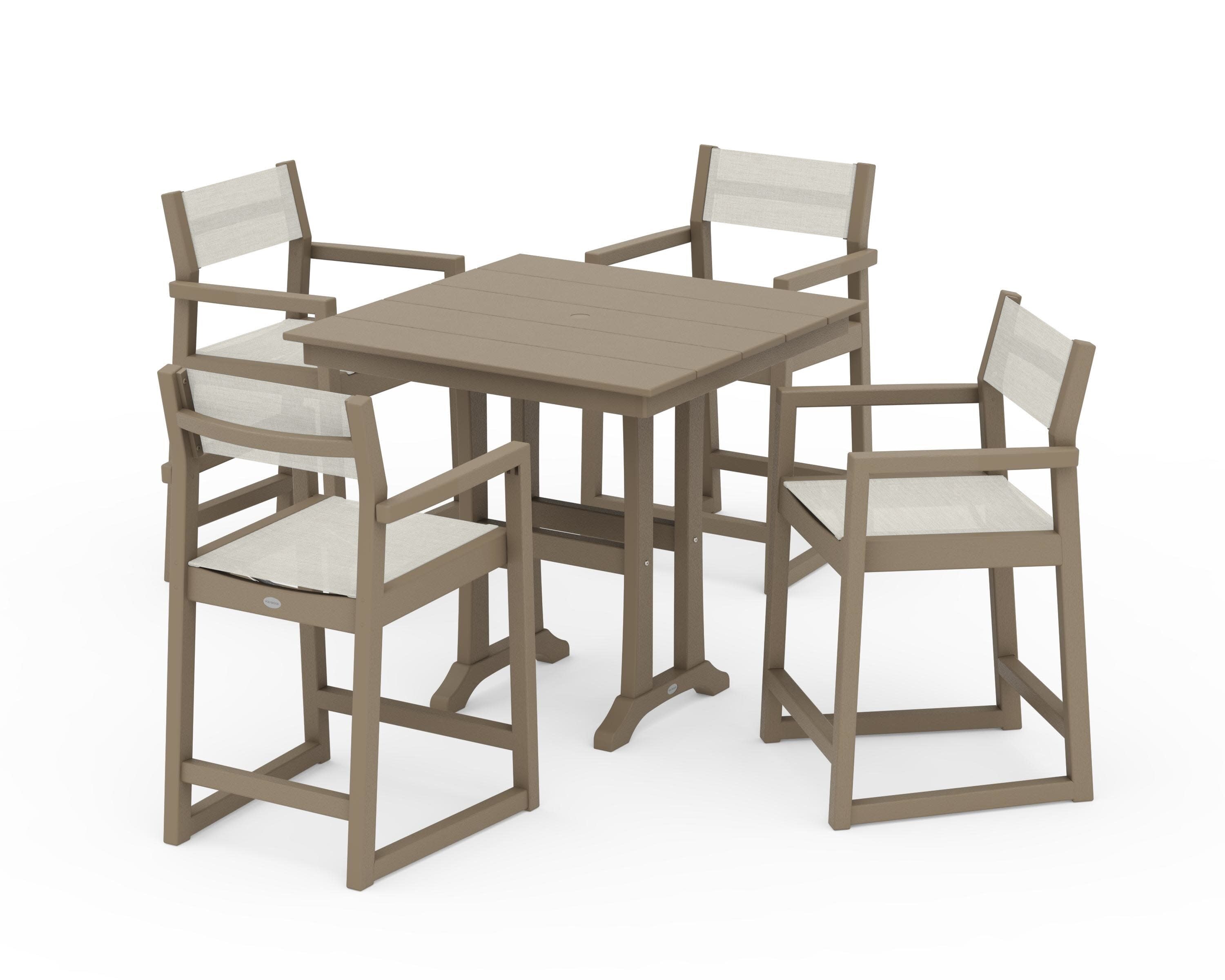 EDGE Sling Arm Chair 5-Piece Farmhouse Counter Set with Trestle Legs in Vintage Sahara / Parchment Sling