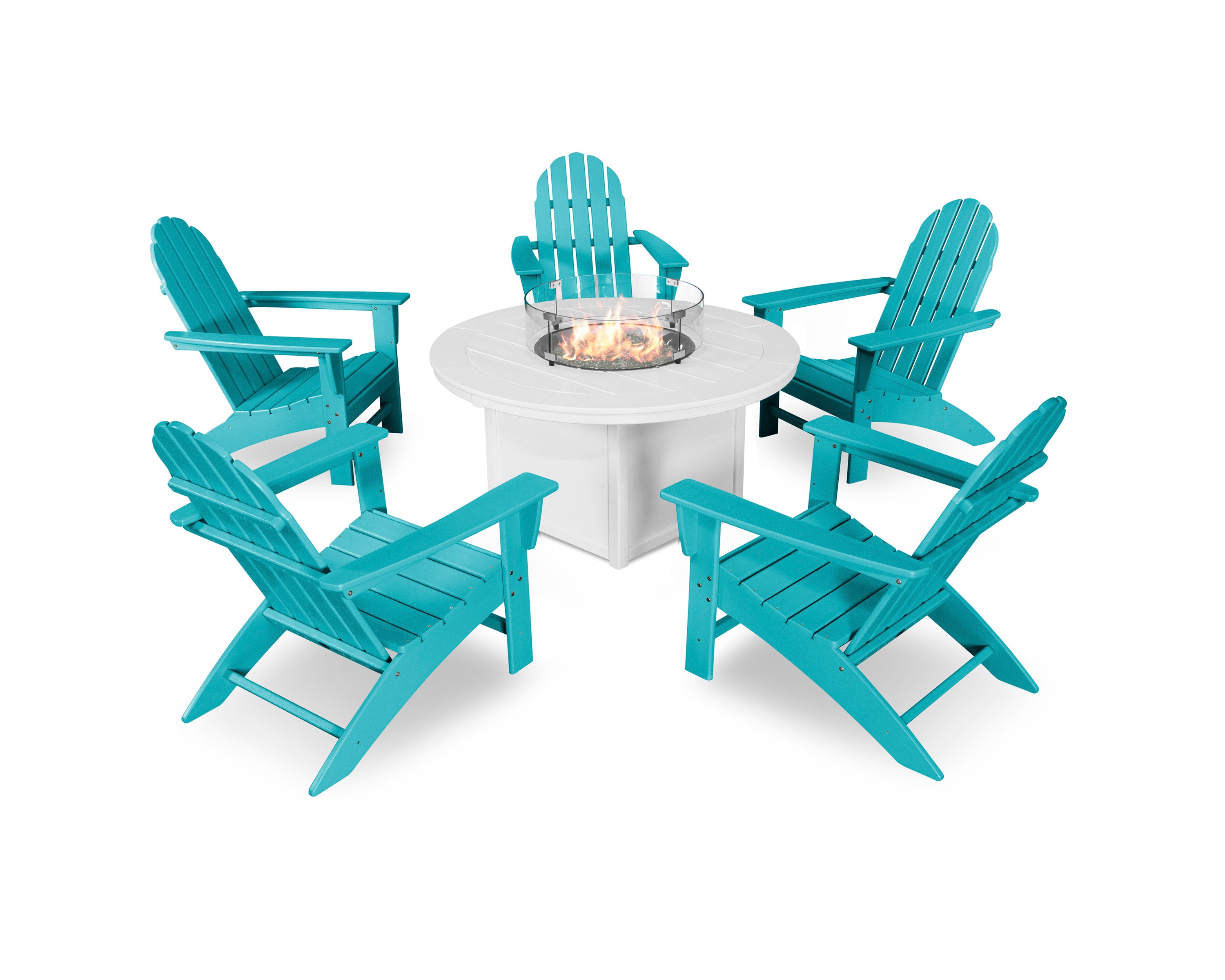 Vineyard Adirondack 6-Piece Chat Set with Fire Pit Table in Aruba / White