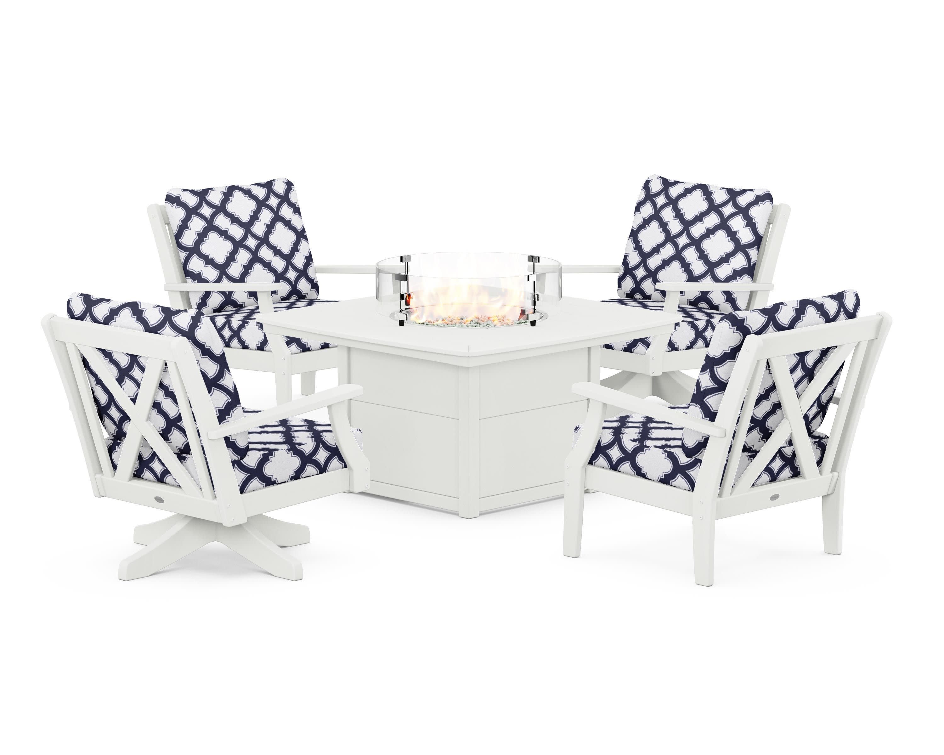 Braxton 5-Piece Deep Seating Set with Fire Table in Vintage White / Trellis Navy