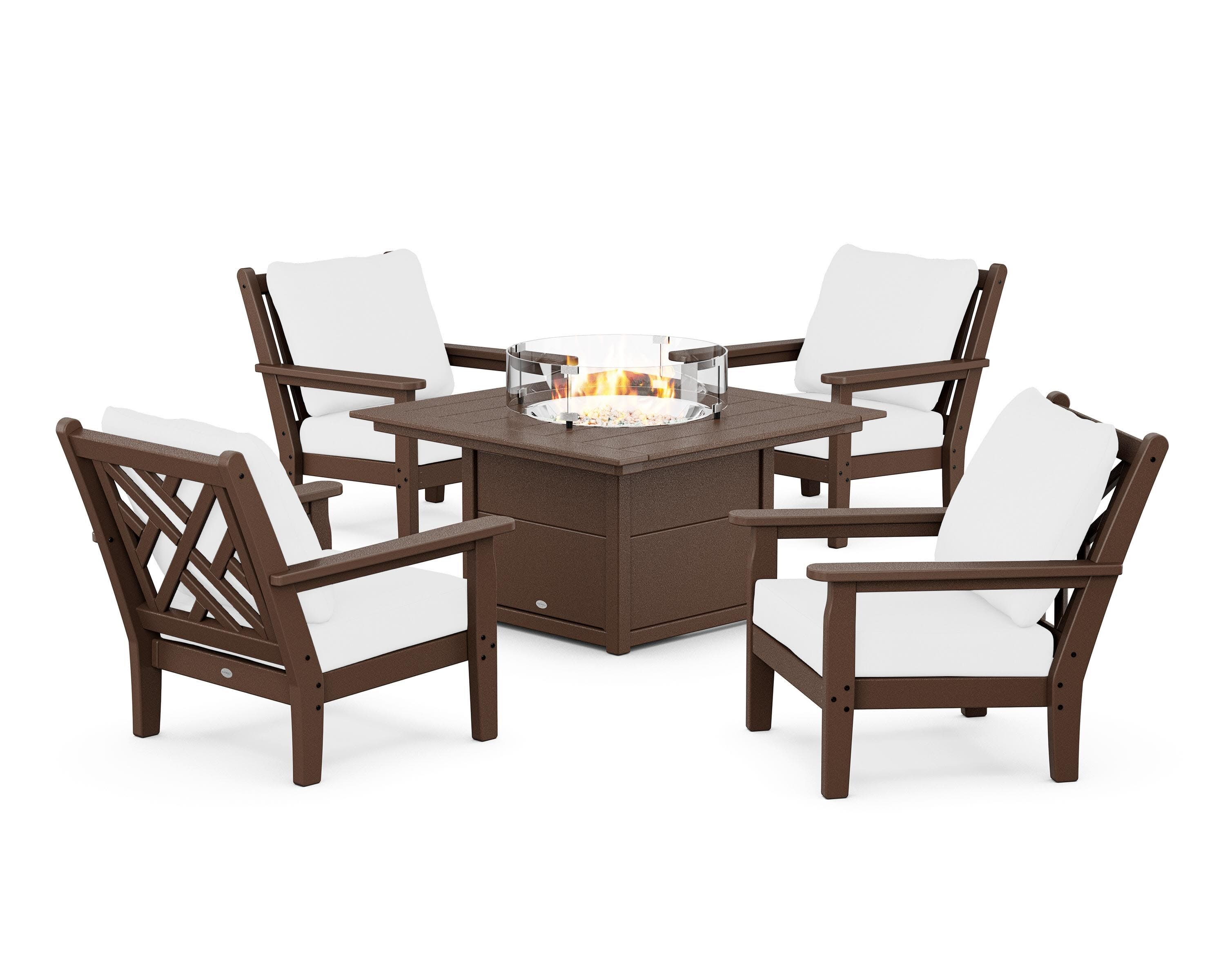 Chippendale 5-Piece Deep Seating Set with Fire Pit Table in Mahogany / Natural