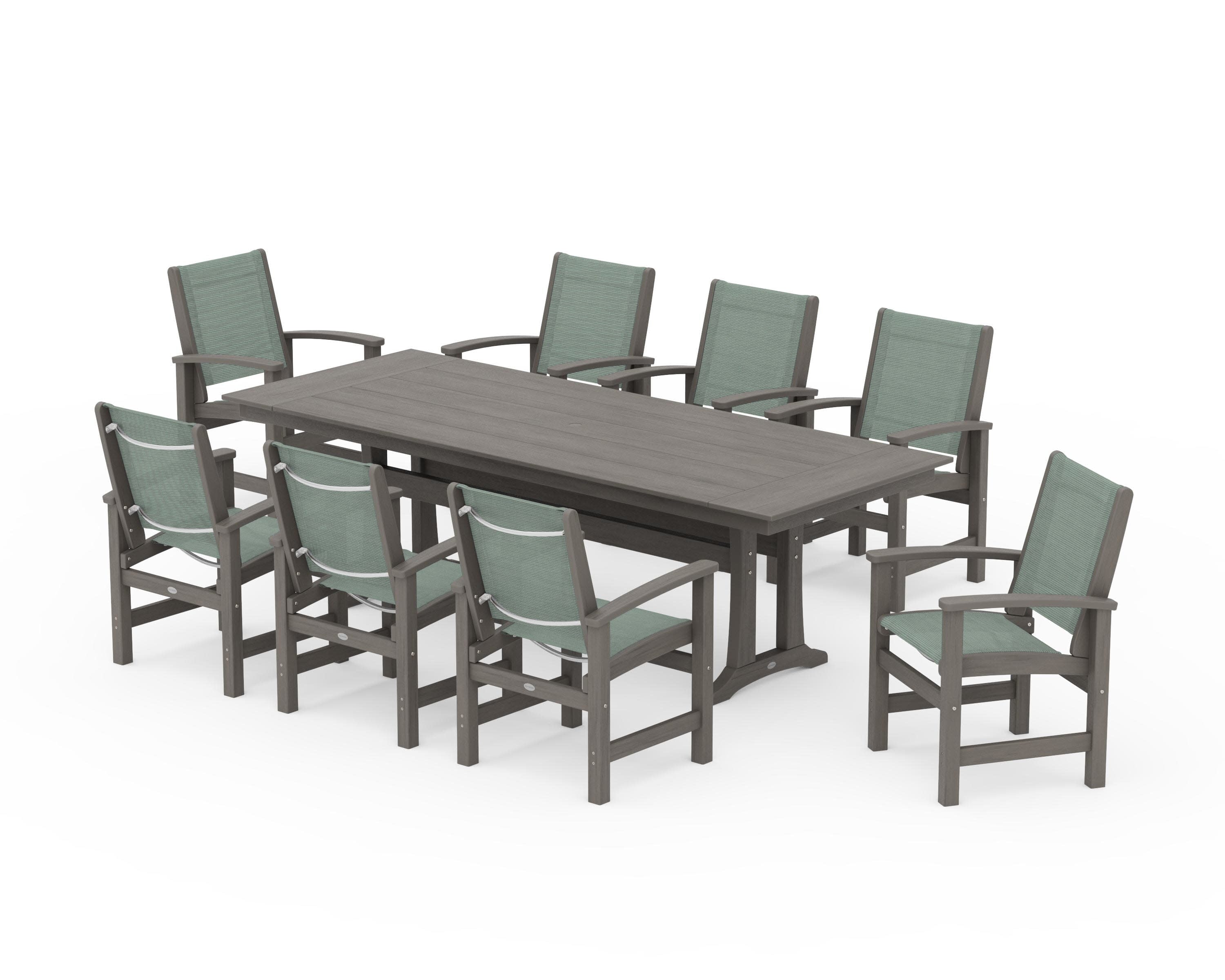 Coastal 9-Piece Farmhouse Dining Set with Trestle Legs in Driftwood / Dupioni Sea Mist Sling
