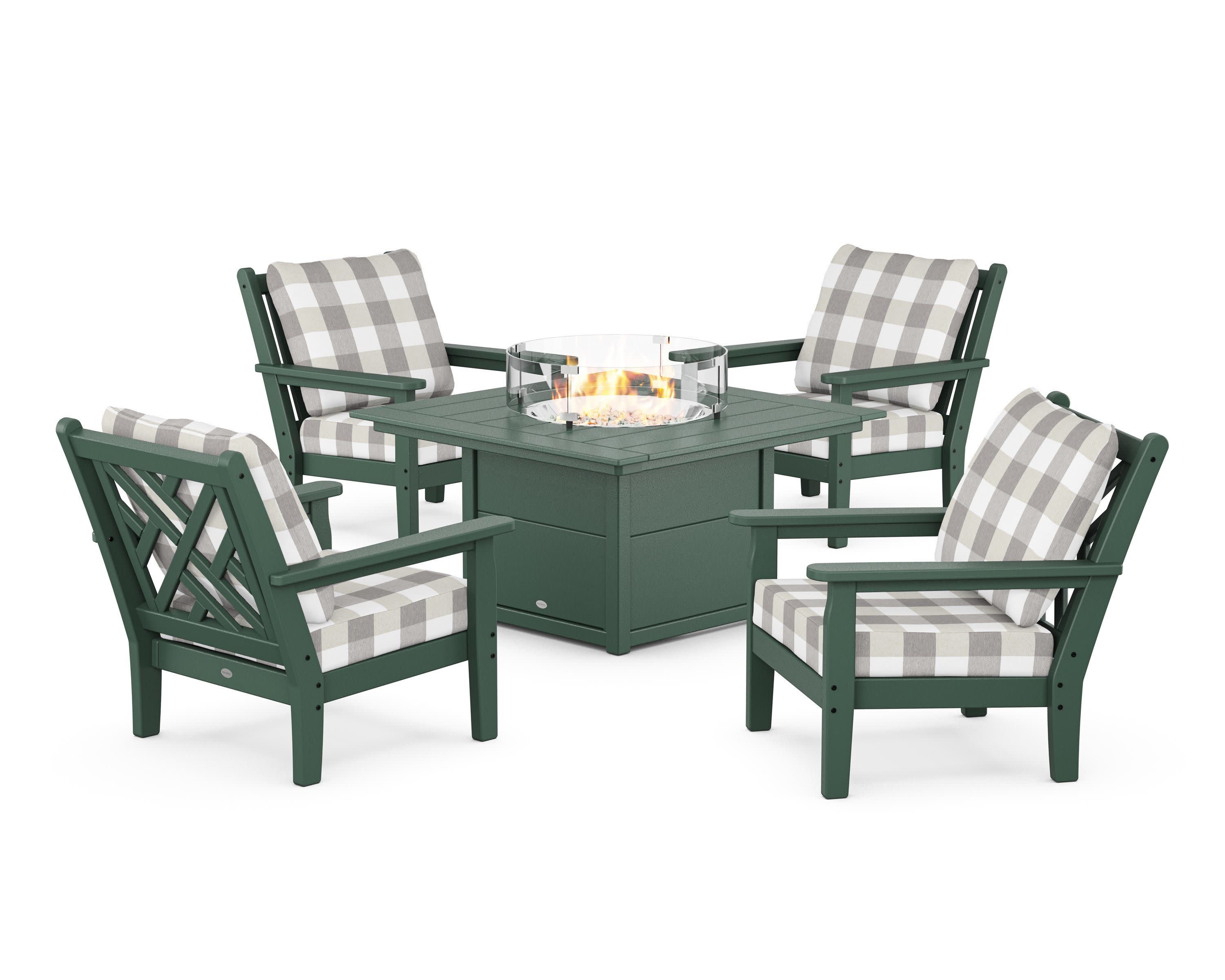 Chippendale 5-Piece Deep Seating Set with Fire Pit Table in Green / Buffalo Plaid Grey Mist
