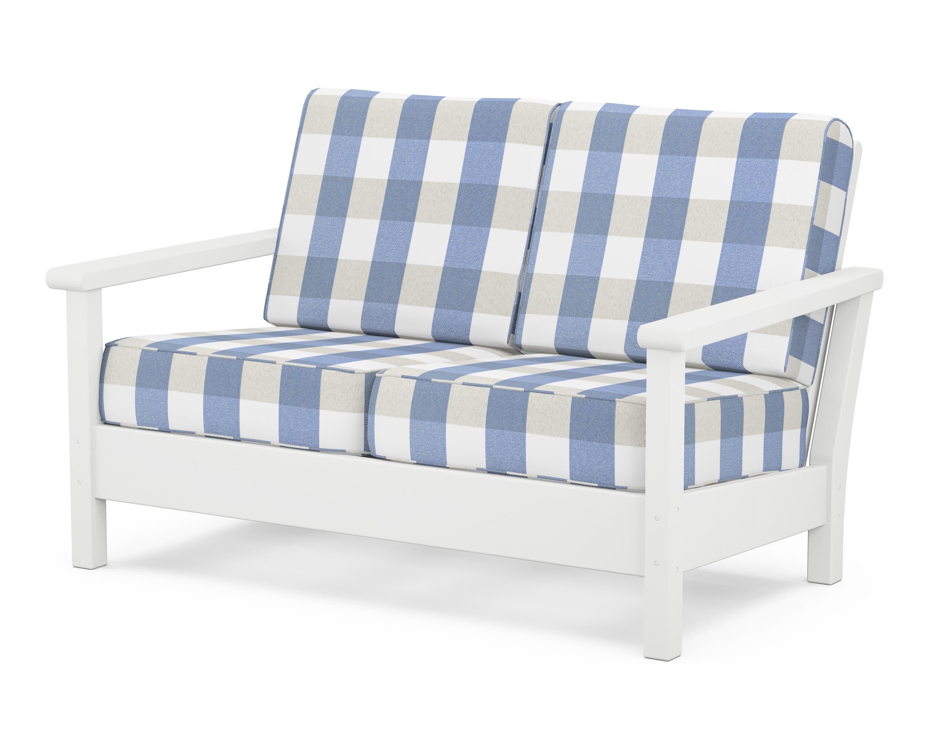 Harbour Deep Seating Loveseat in White / Buffalo Plaid Sky Blue