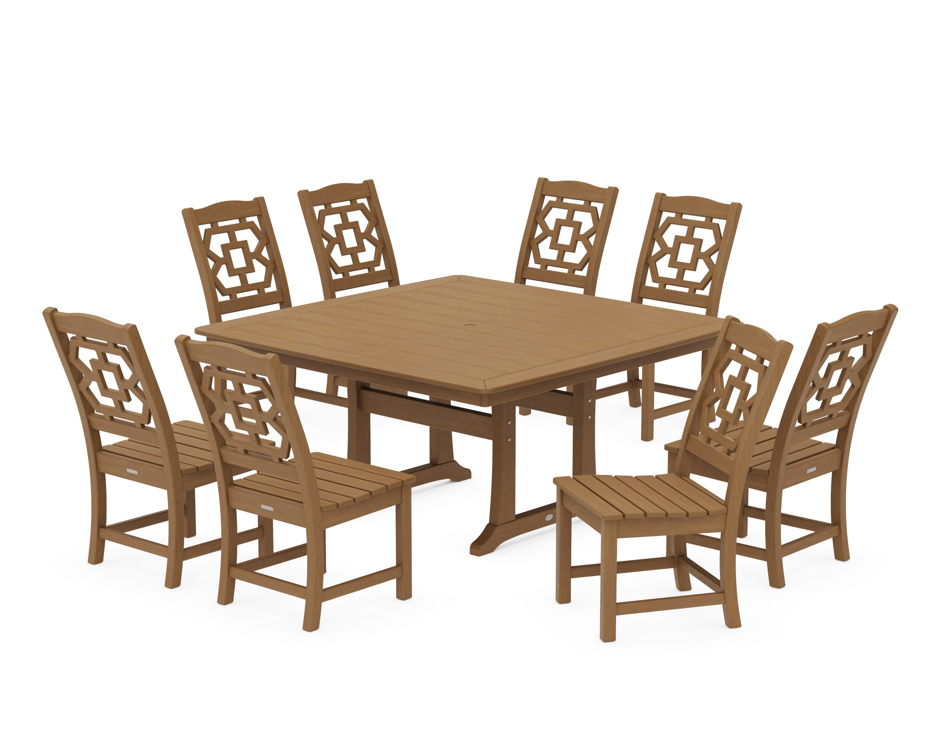 Chinoiserie 9-Piece Square Side Chair Dining Set with Trestle Legs in Natural