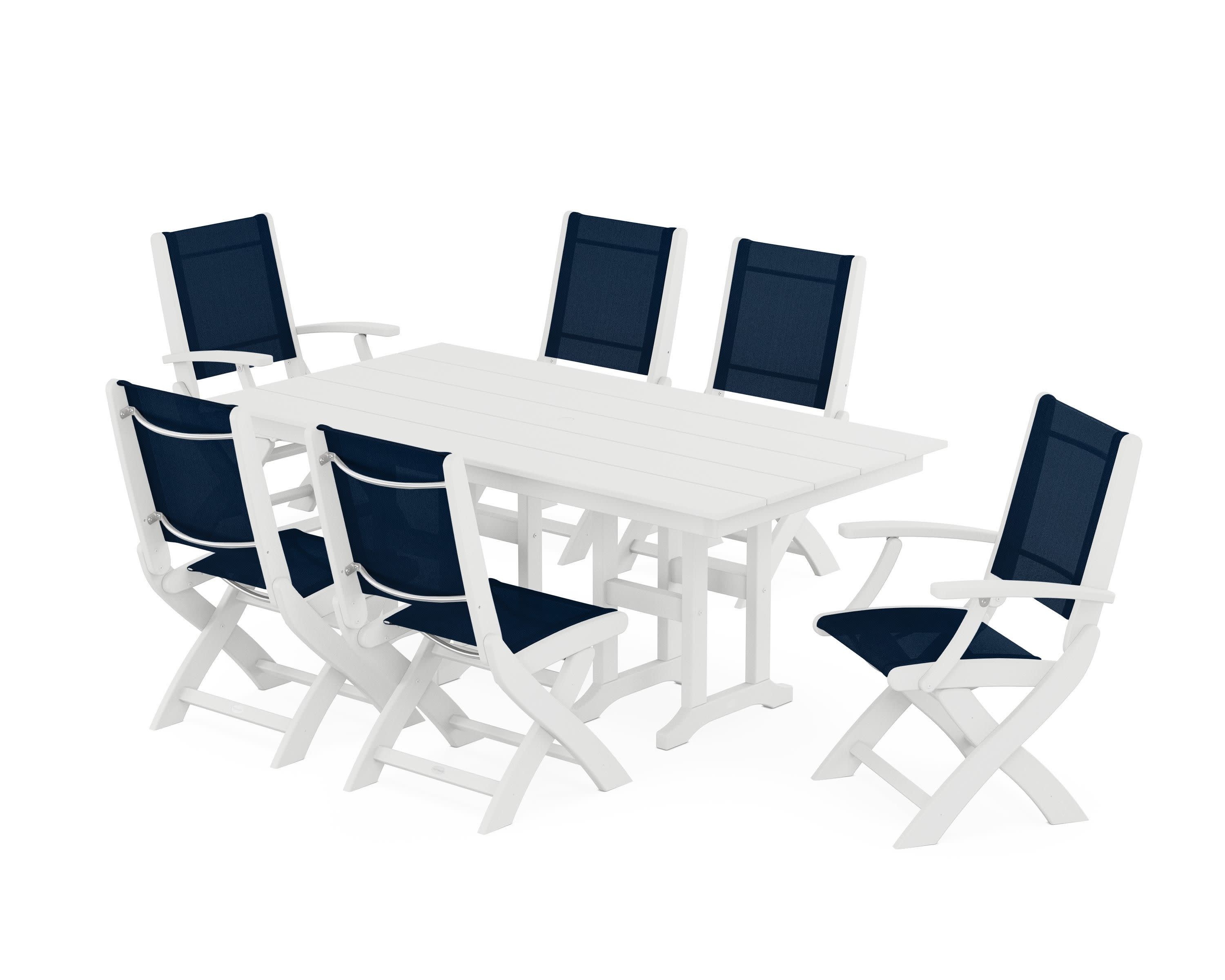 Coastal Folding Chair 7-Piece Farmhouse Dining Set in White / Navy Blue Sling