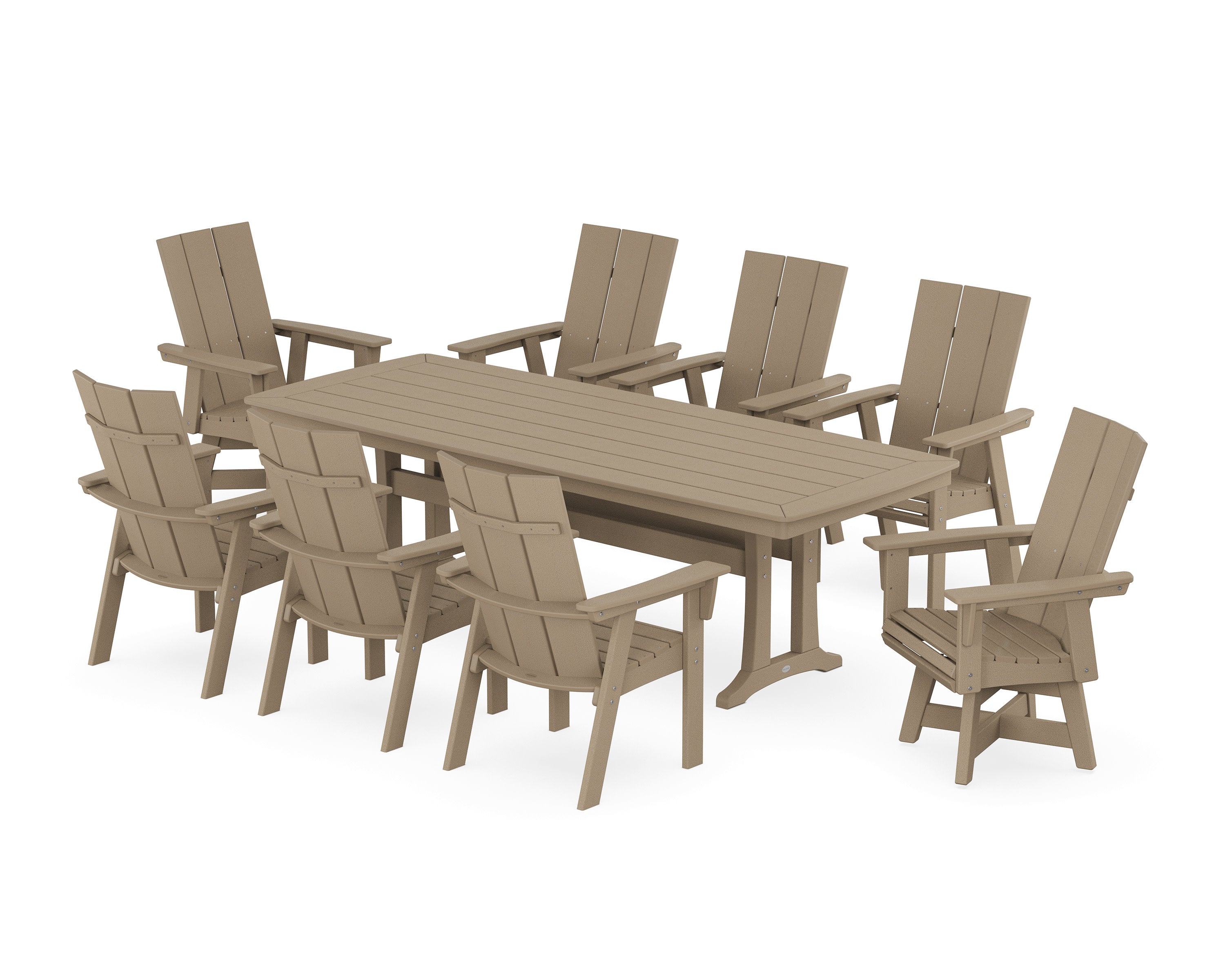 Modern Curveback Adirondack Swivel 9-Piece Dining Set with Trestle Legs in Vintage Sahara