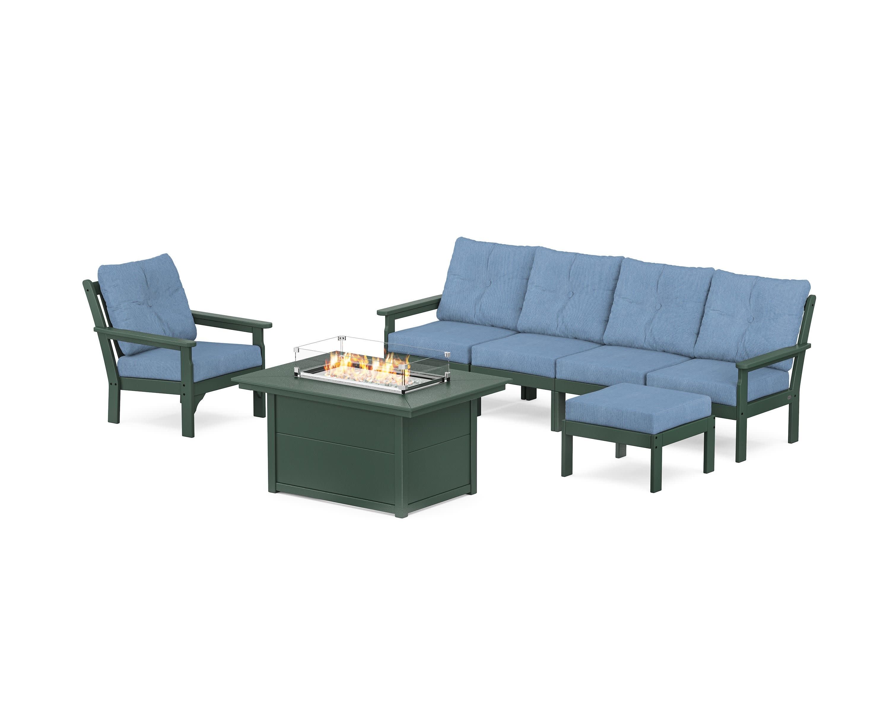 Vineyard Sectional Lounge and Fire Pit Set in Green / Sky Blue