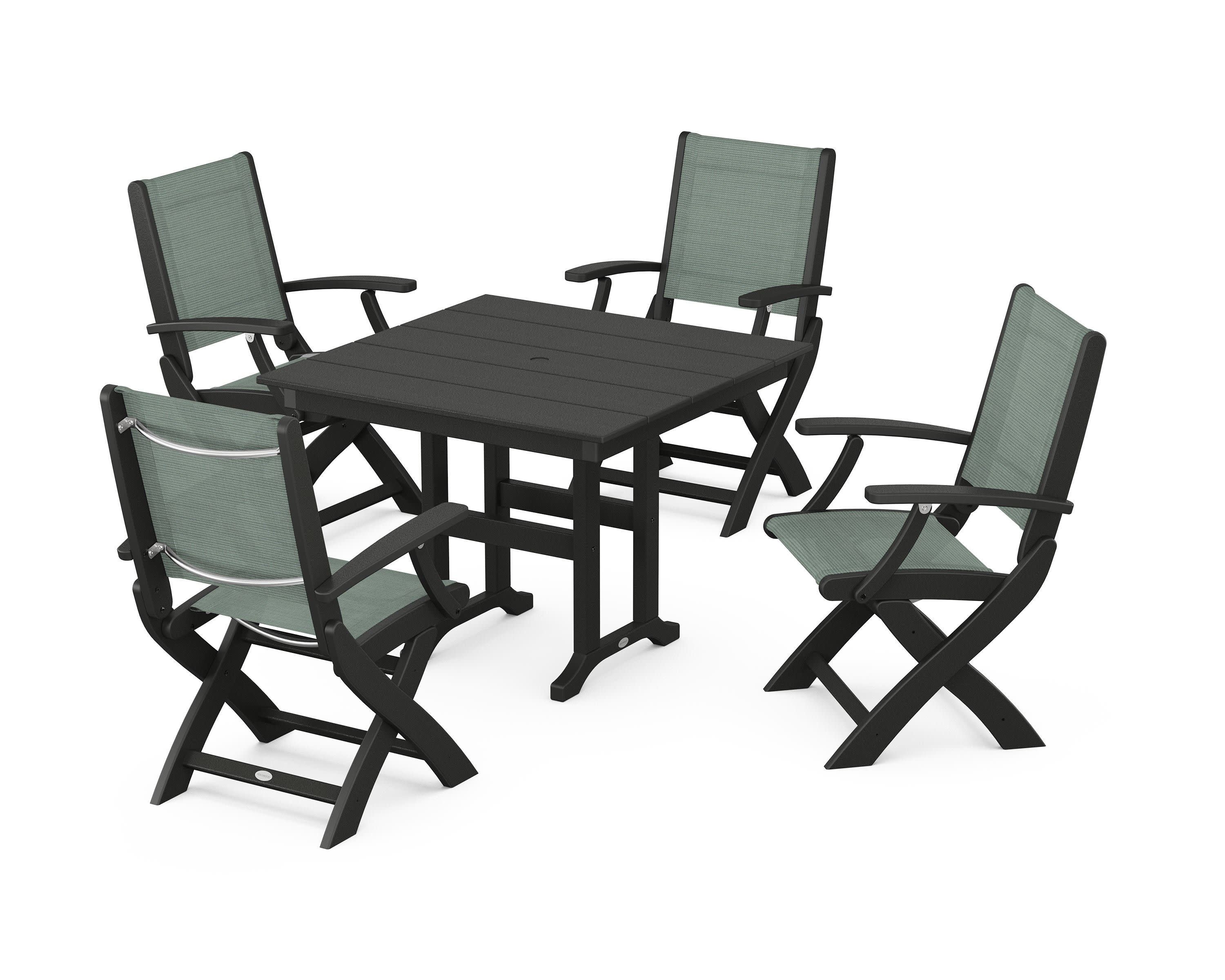 Coastal Folding Chair 5-Piece Farmhouse Dining Set in Black / Dupioni Sea Mist Sling