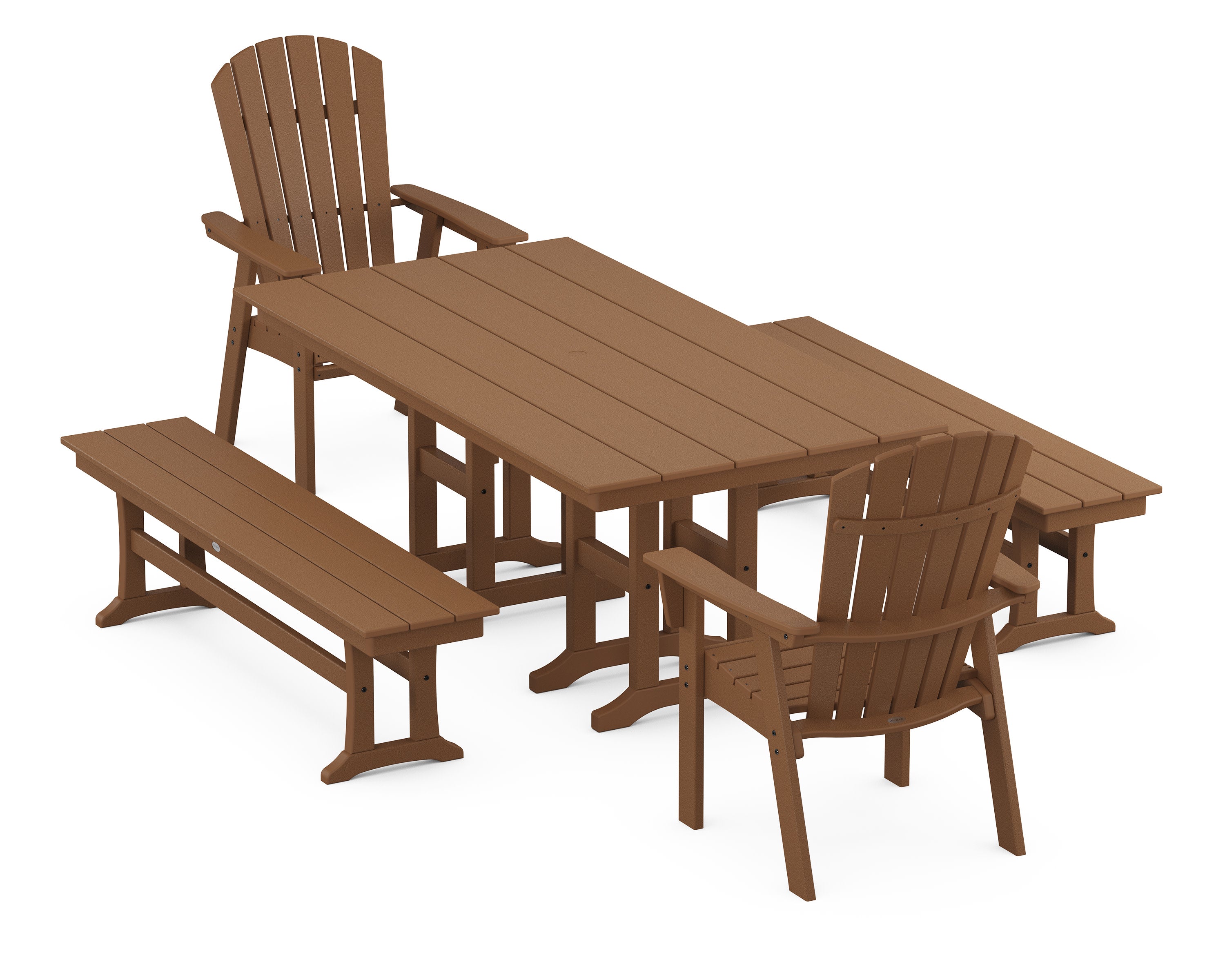 Nautical Curveback Adirondack 5-Piece Farmhouse Dining Set with Benches in Teak