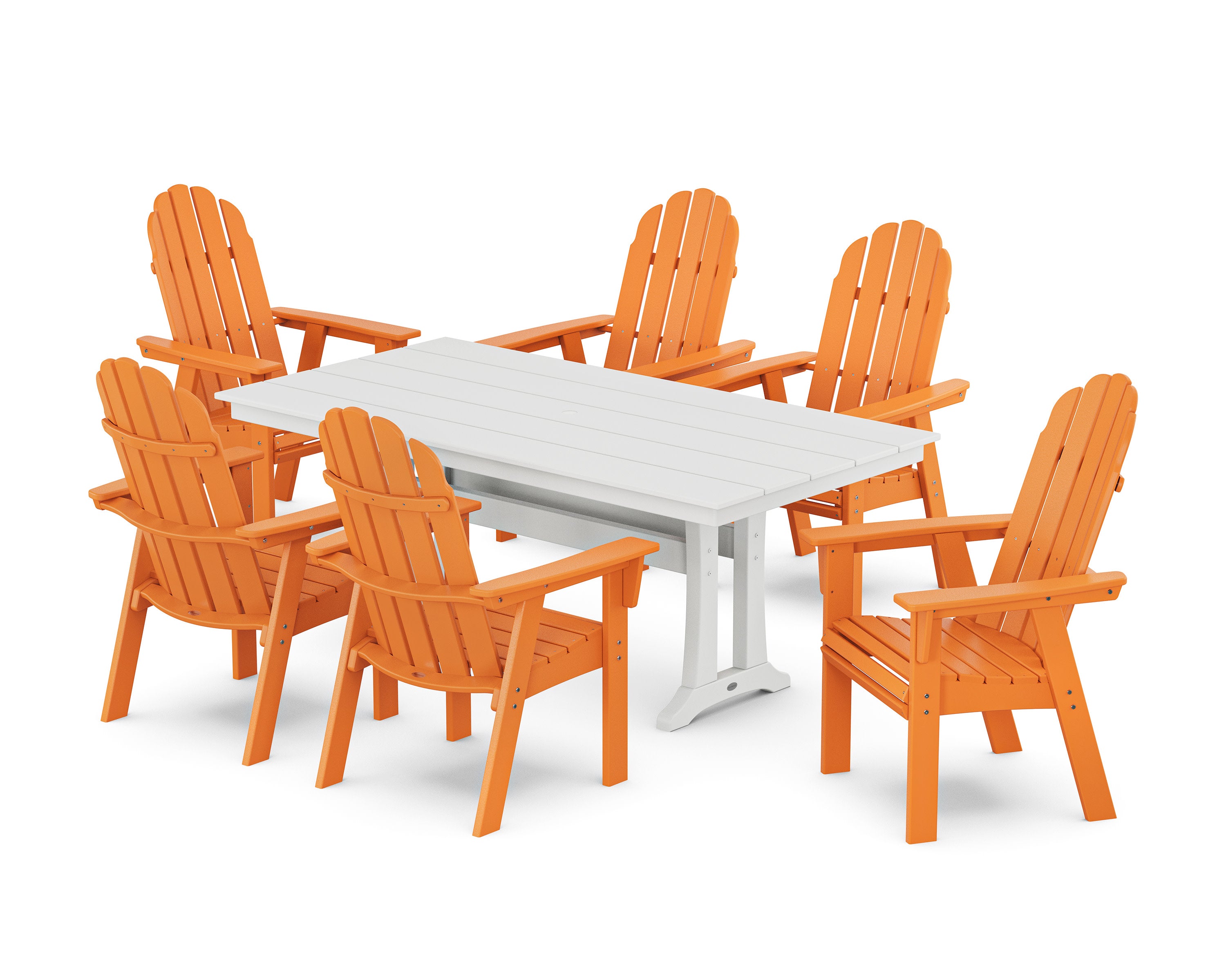 Vineyard Curveback Adirondack Chair 7-Piece Farmhouse Dining Set with Trestle Legs in Tangerine / White