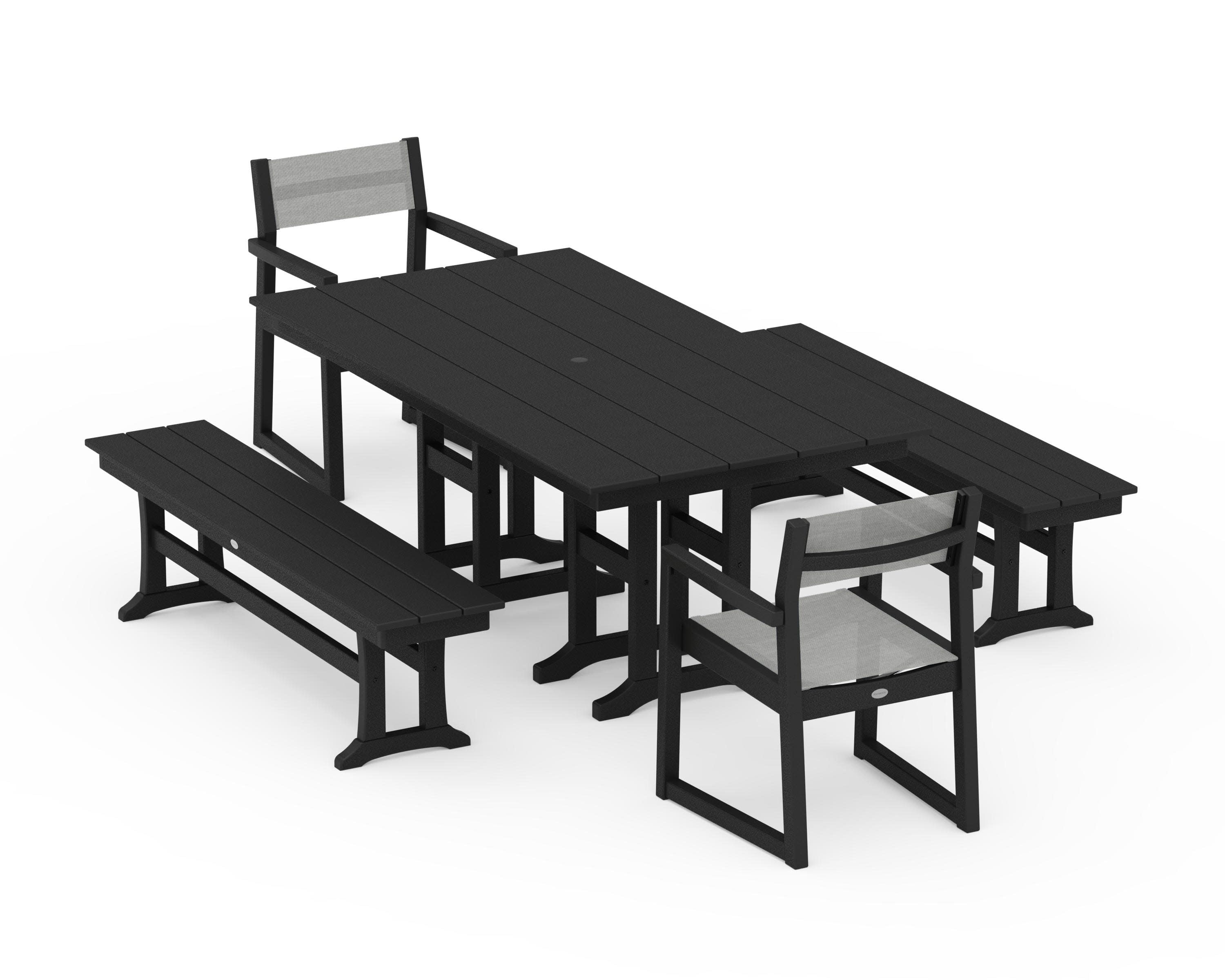 EDGE Sling Arm Chair 5-Piece Farmhouse Dining Set with Benches in Black / Metallic Sling