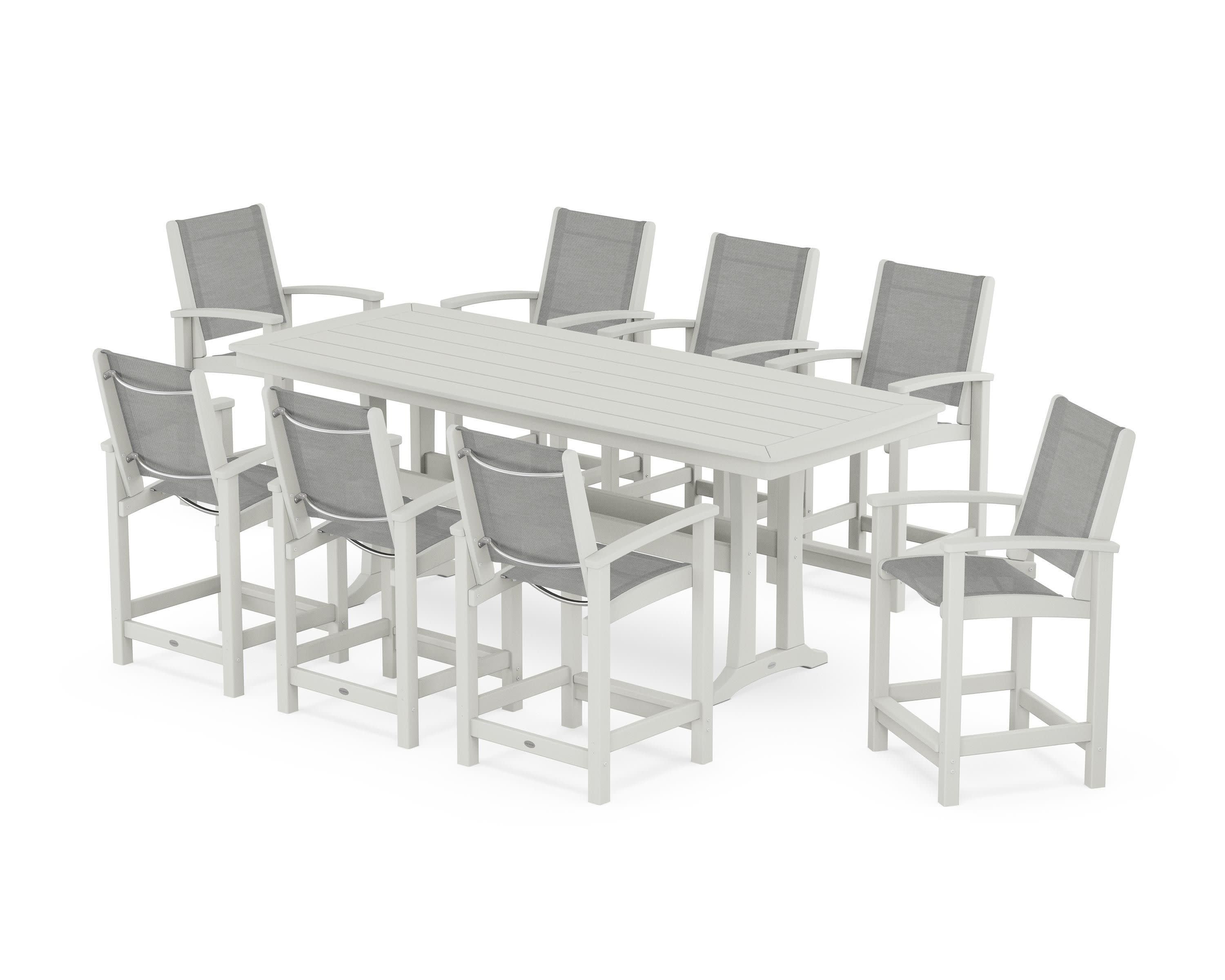 Coastal 9-Piece Counter Set with Trestle Legs in Vintage White / Metallic Sling