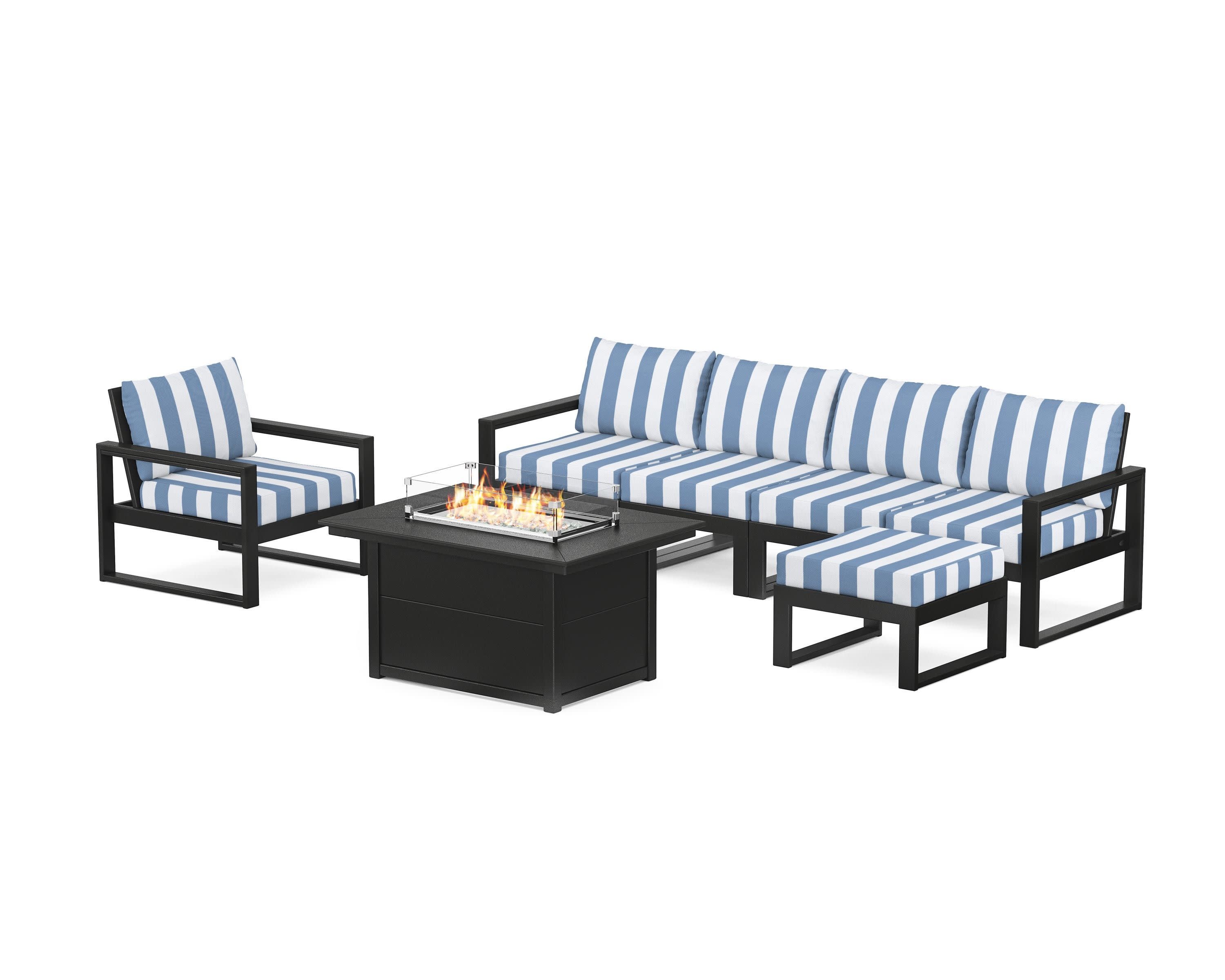 EDGE Sectional Lounge and Fire Pit Set in Black / Cabana Stripe Sky Blue