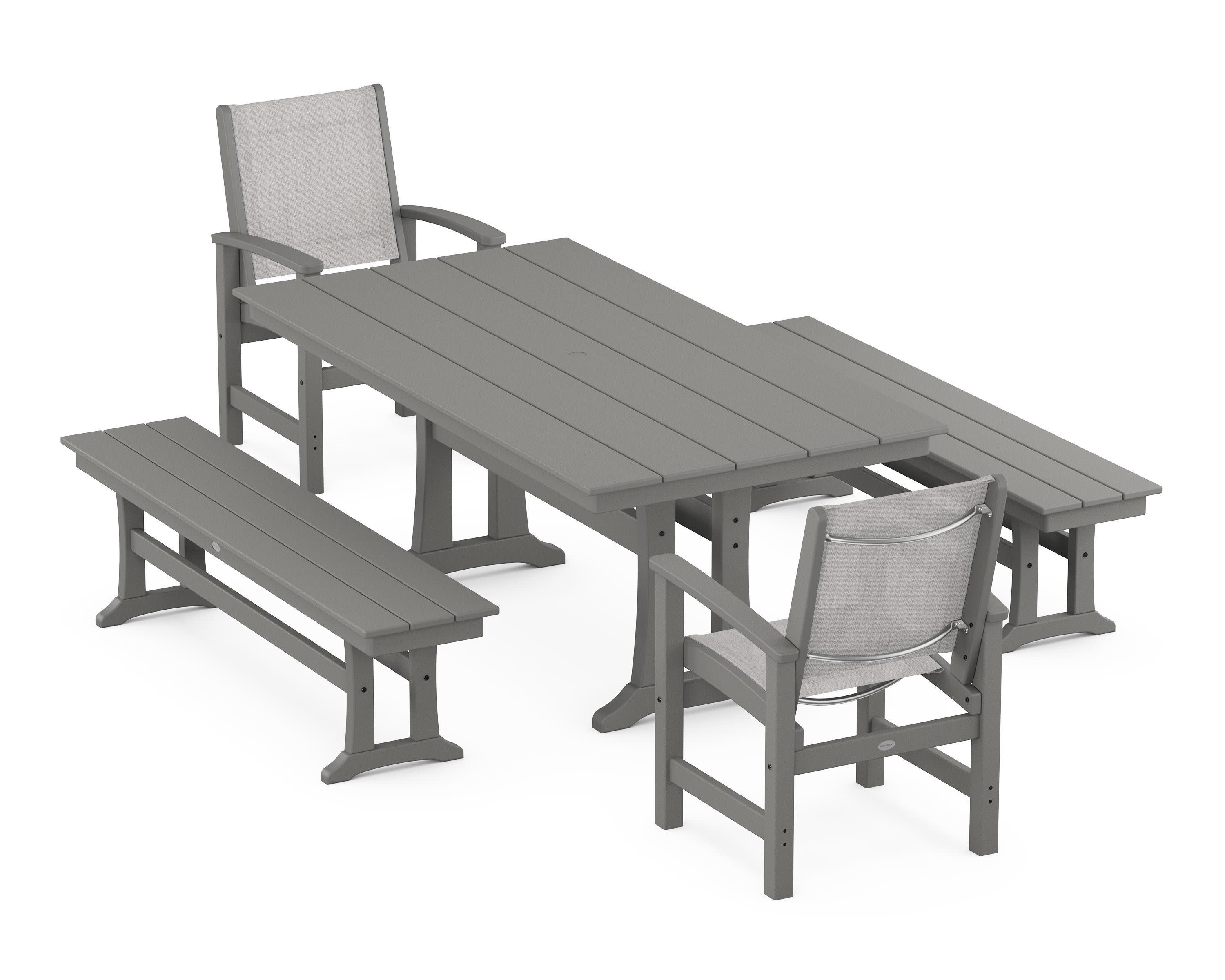 Coastal 5-Piece Farmhouse Dining Set with Trestle Legs and Benches in Slate Grey / Parchment Sling