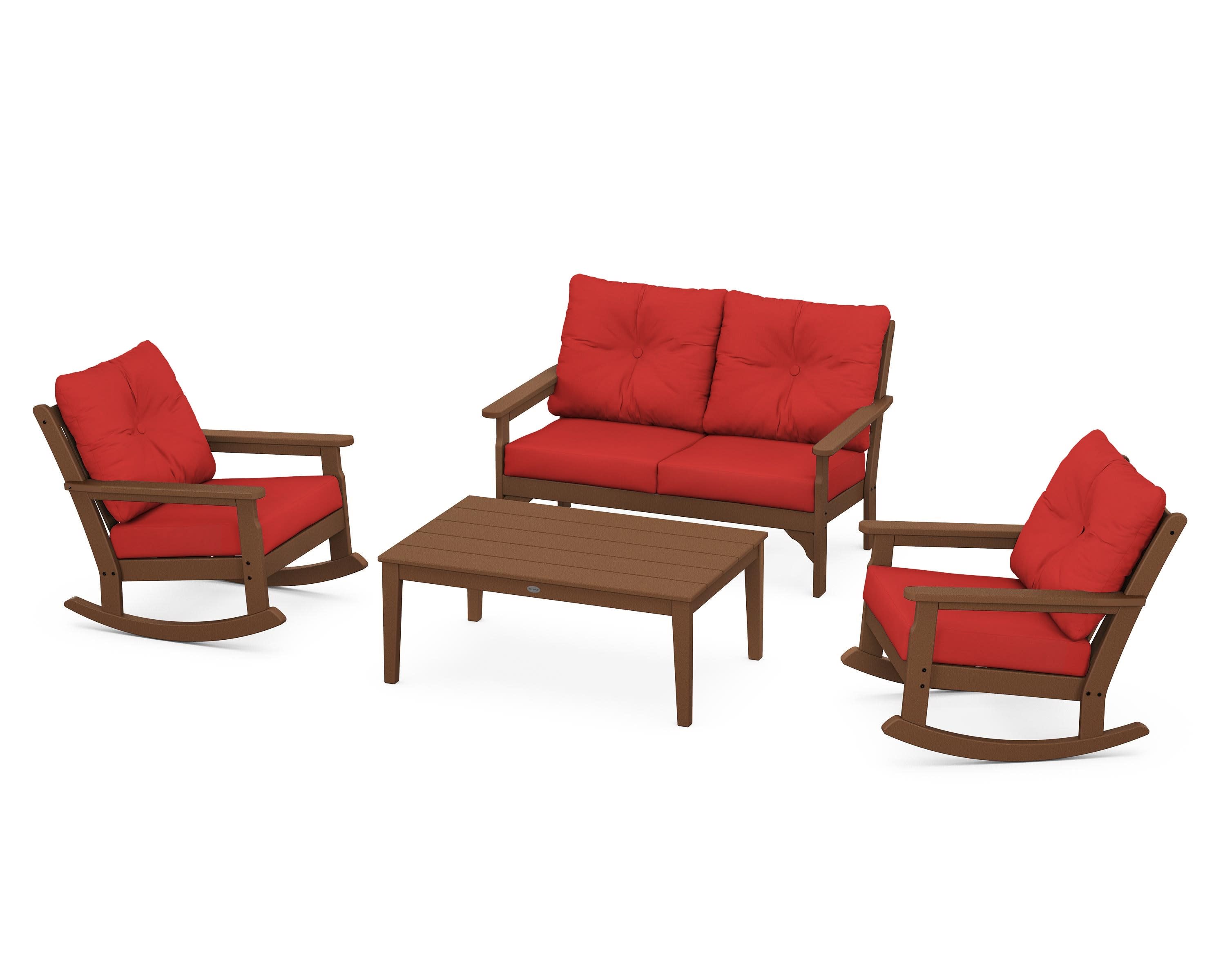 Vineyard 4-Piece Deep Seating Rocking Chair Set in Teak / Crimson Linen