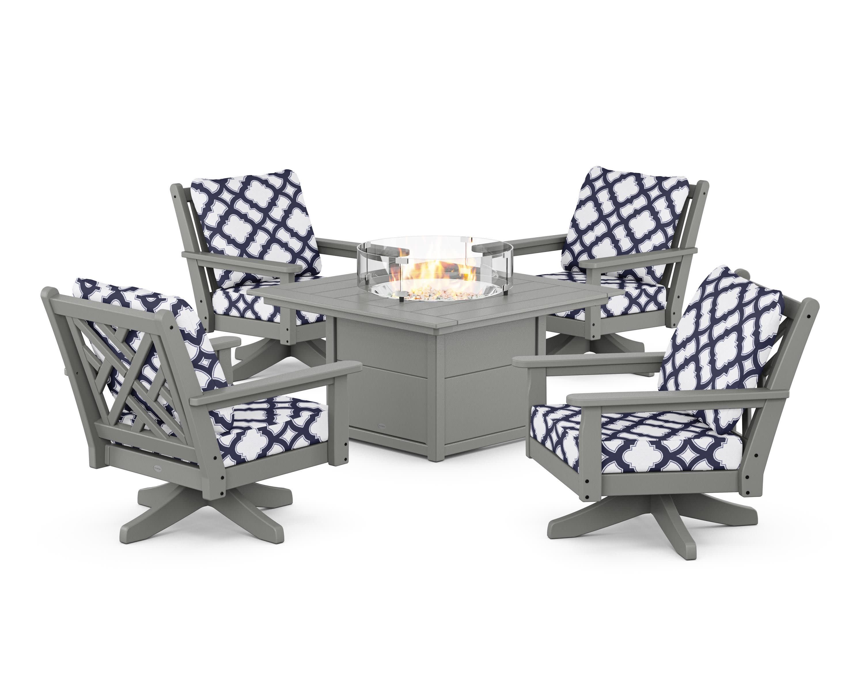 Chippendale 5-Piece Deep Seating Swivel Conversation Set with Fire Pit Table in Slate Grey / Trellis Navy