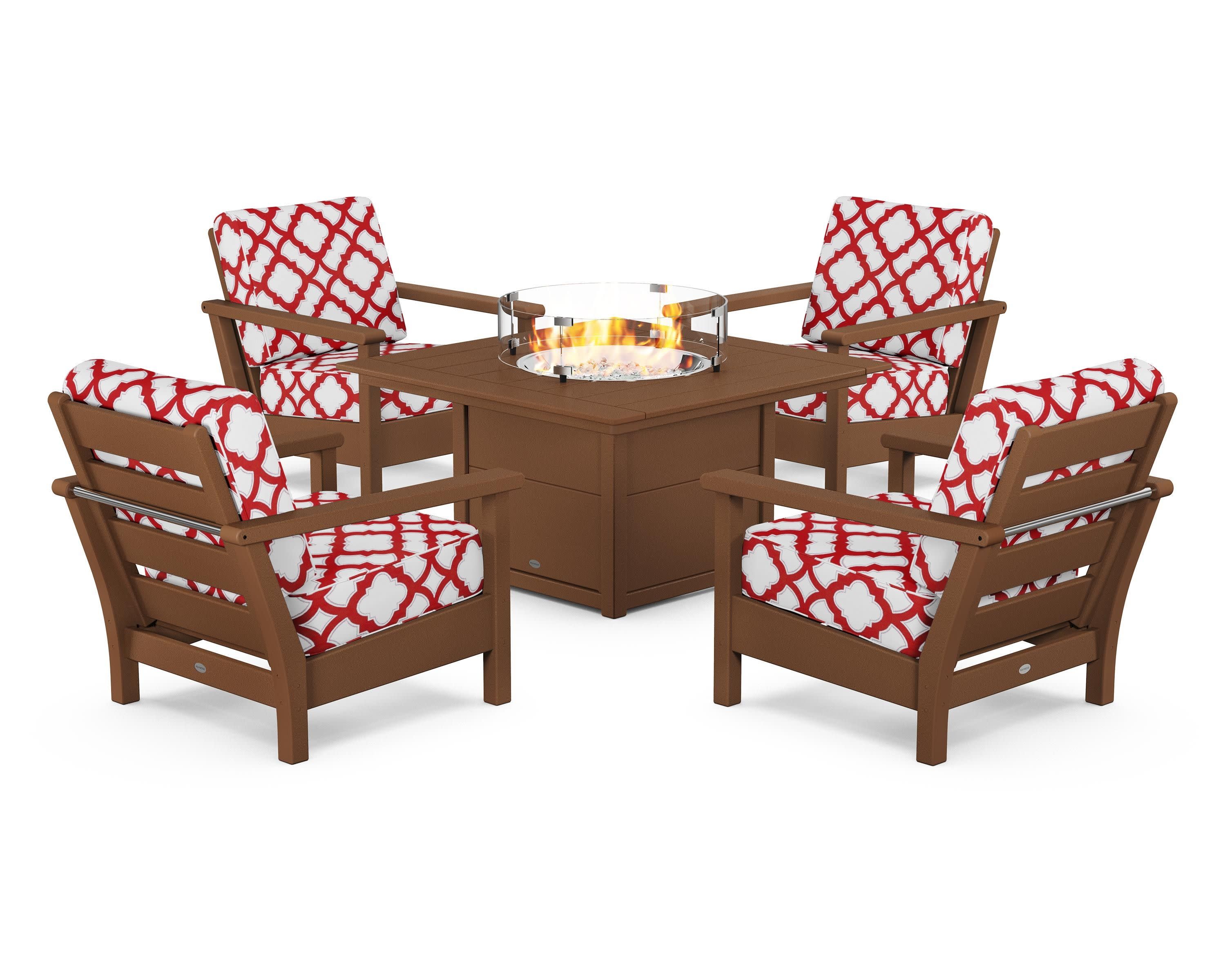 Harbour 5-Piece Conversation Set with Fire Pit Table in Teak / Trellis Crimson